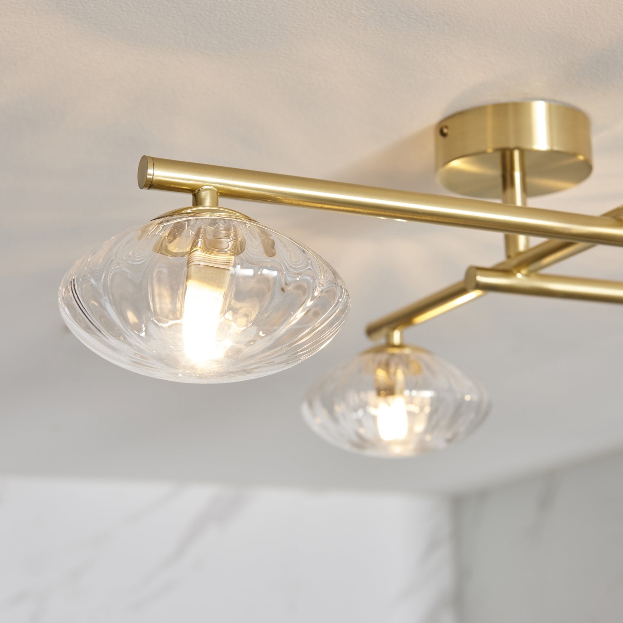 Endon Linear Metal Semi Flush Fitting - Brushed Gold & Ribbed Glass Shades