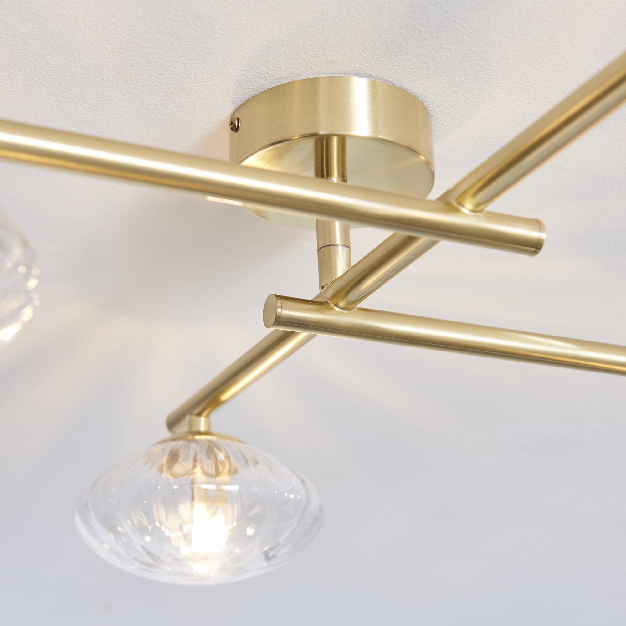Endon Linear Metal Semi Flush Fitting - Brushed Gold & Ribbed Glass Shades