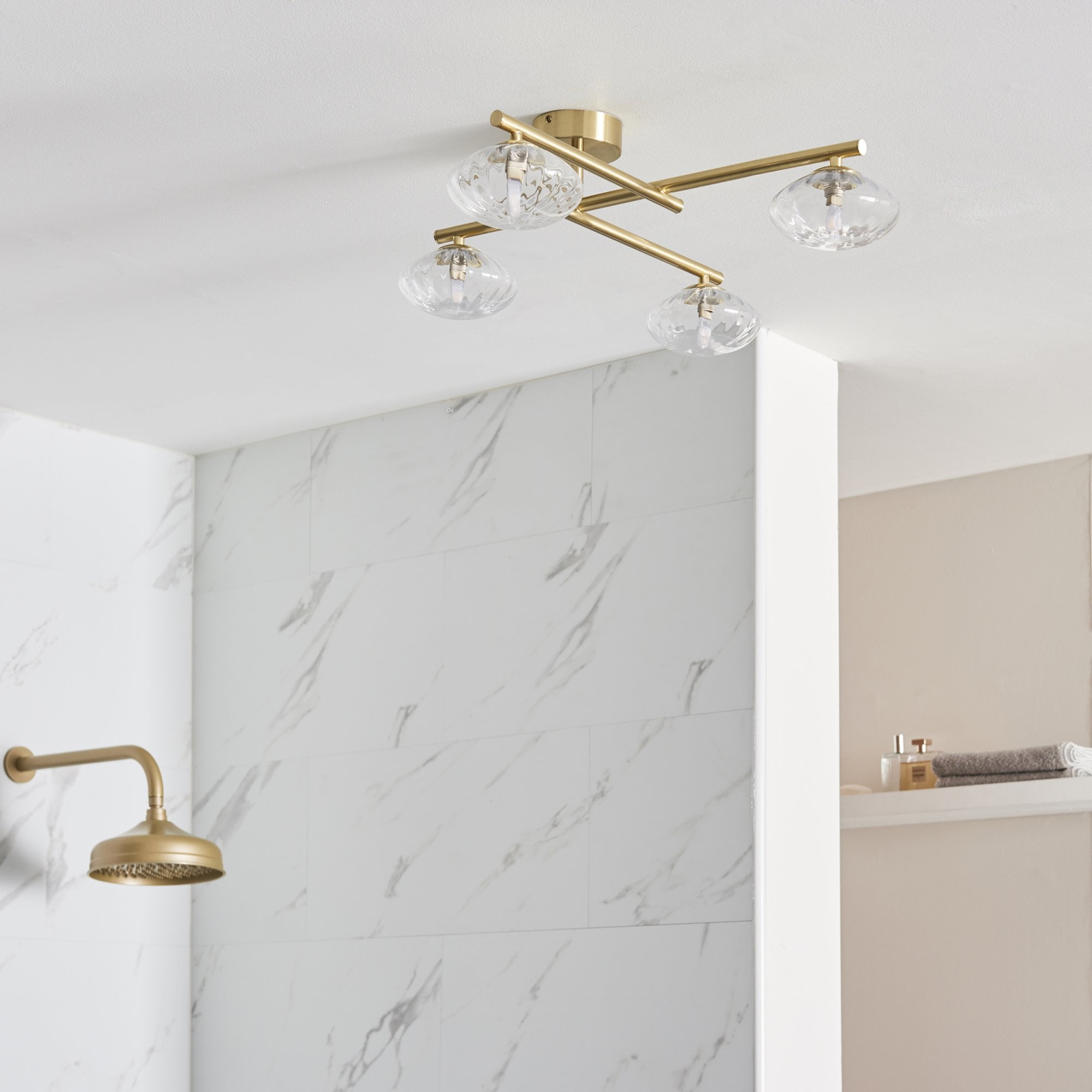 Endon Linear Metal Semi Flush Fitting - Brushed Gold & Ribbed Glass Shades