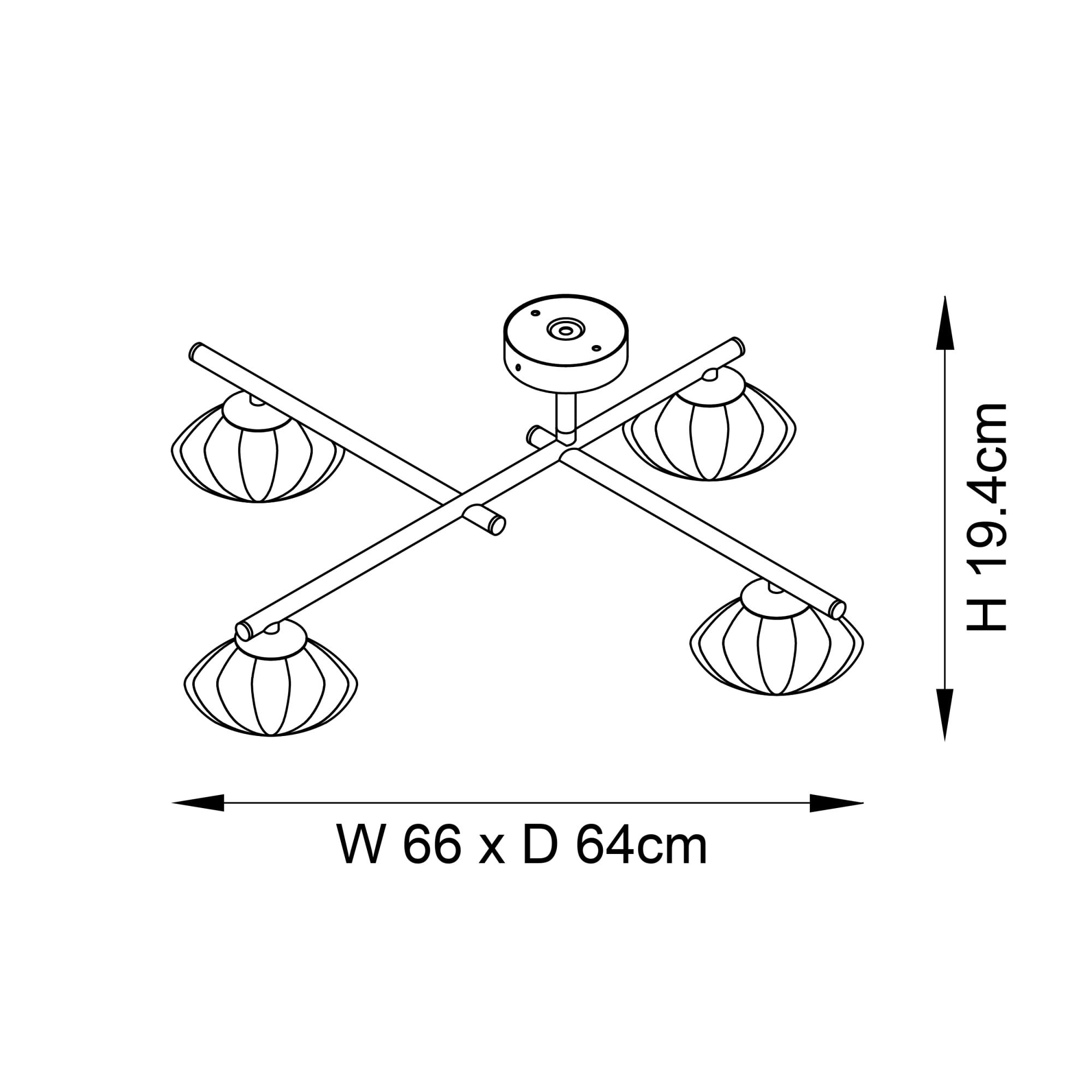 Endon Linear Metal Semi Flush Fitting - Brushed Gold & Ribbed Glass Shades