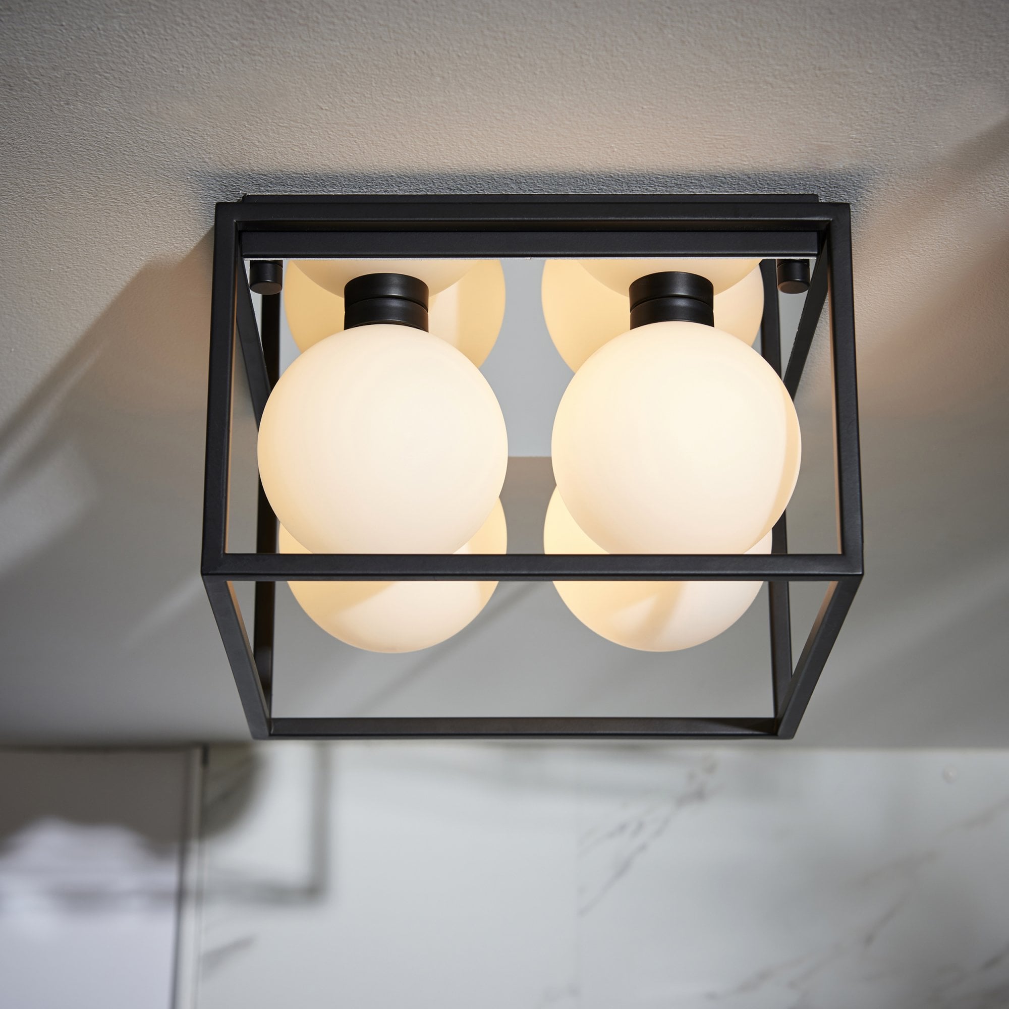 Endon Square Box - Open Framed - Ceiling Light - Black & White Globes