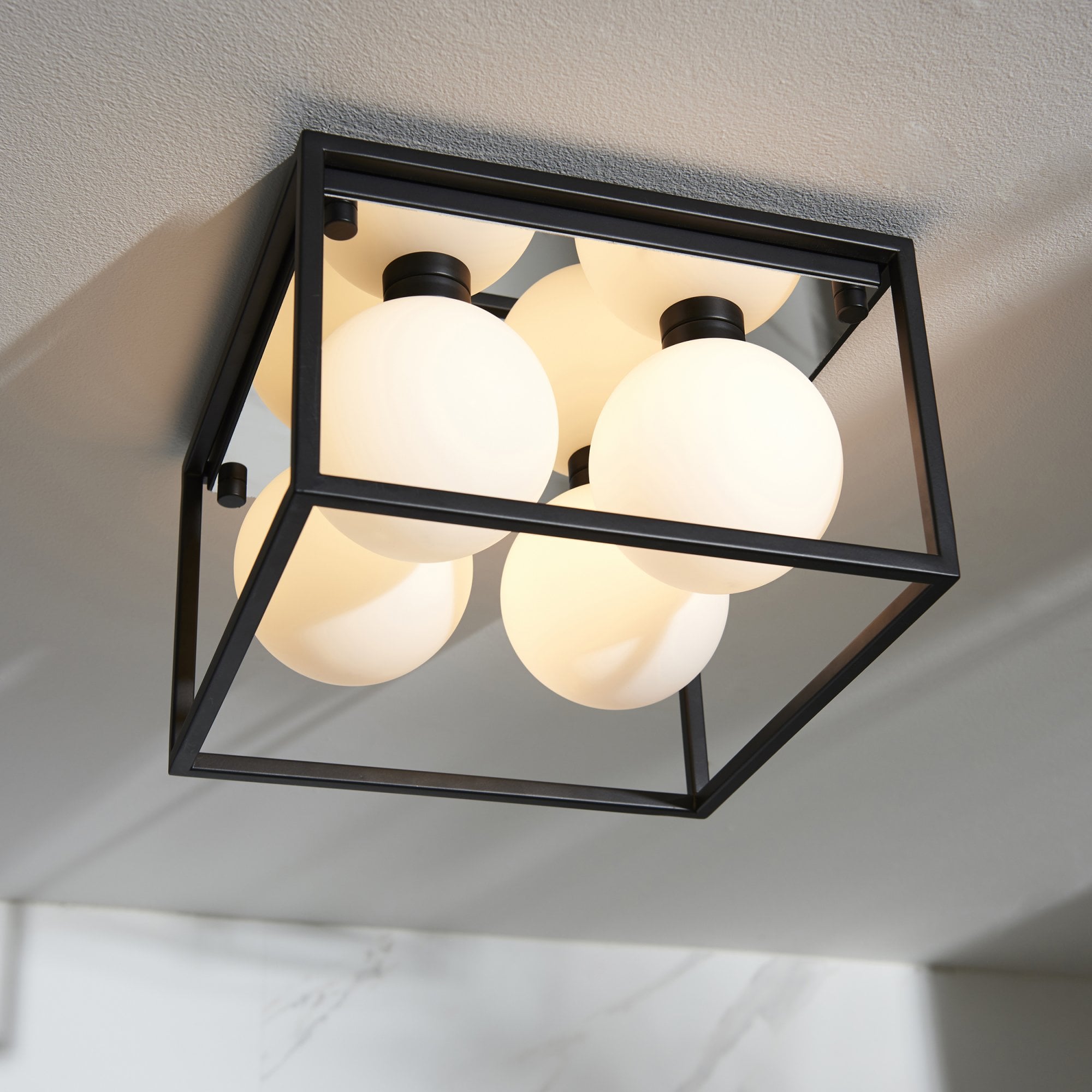 Endon Square Box - Open Framed - Ceiling Light - Black & White Globes