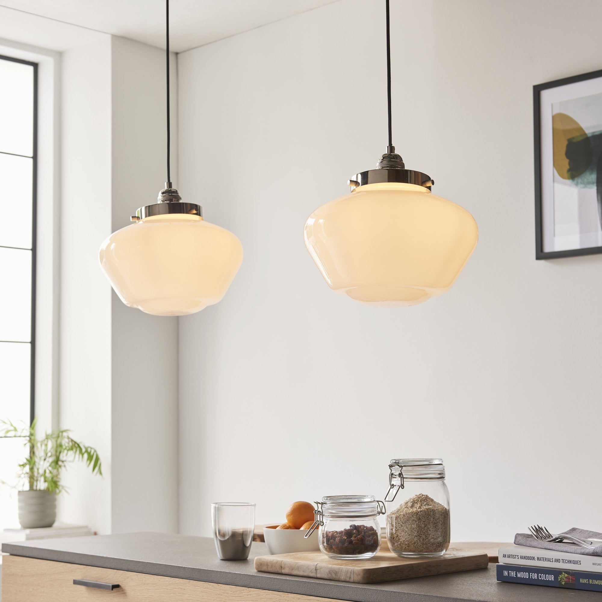 Endon Camberley Pendant Ceiling Light - Bright Nickel With Opal Glass