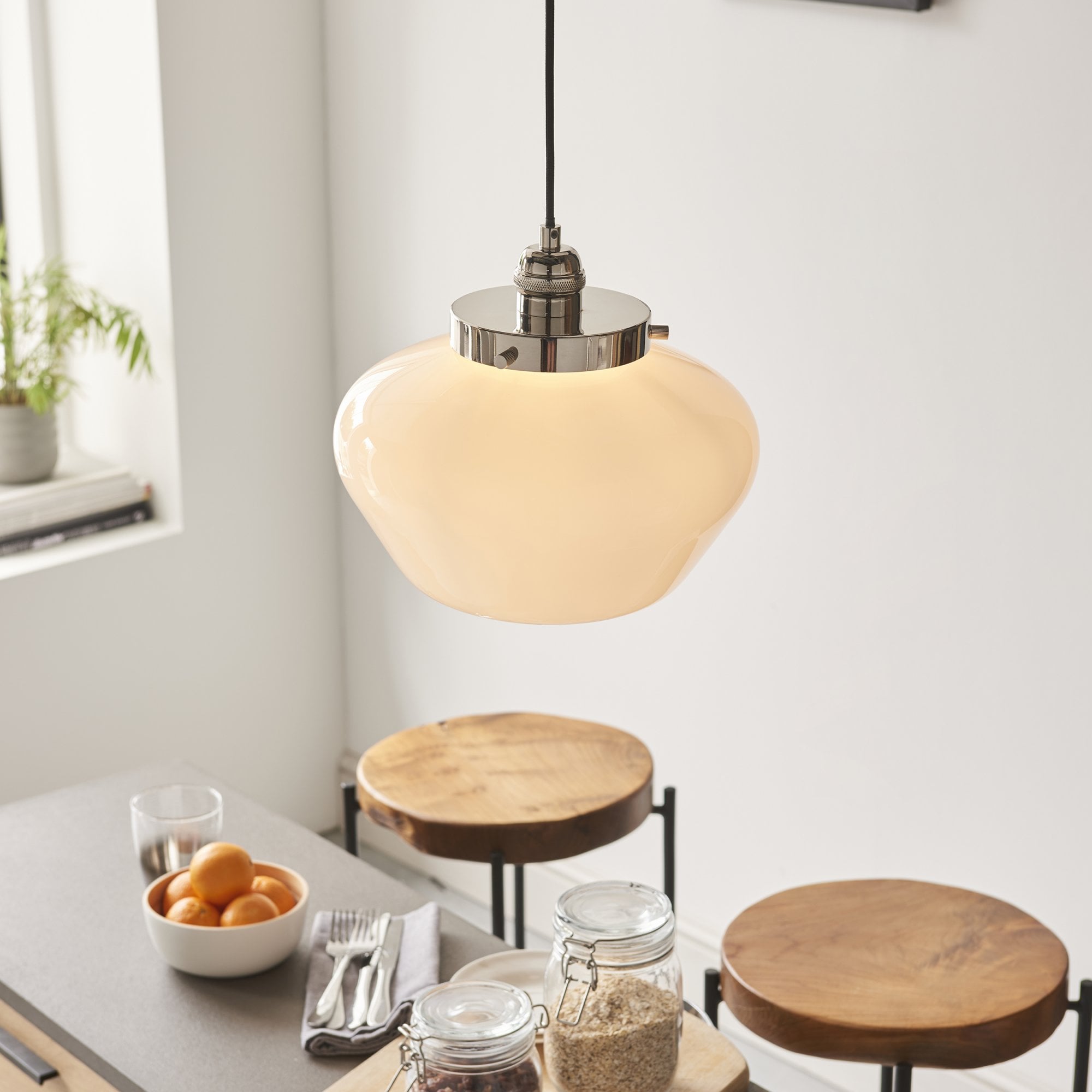 Endon Camberley Pendant Ceiling Light - Bright Nickel With Opal Glass