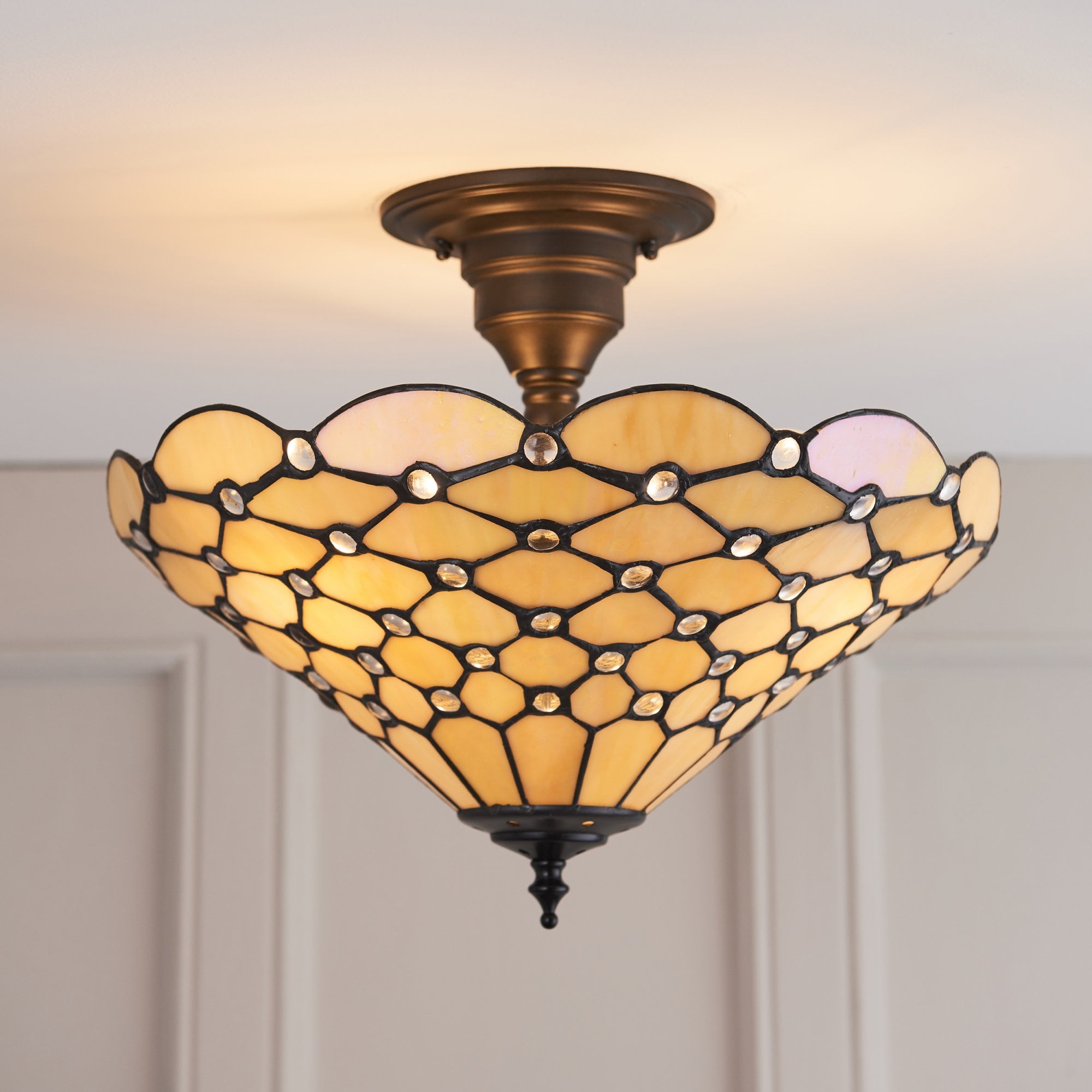 Interiors 1900 Pearl Medium 3 Light Semi-Flush Fitting - Tiffany Glass