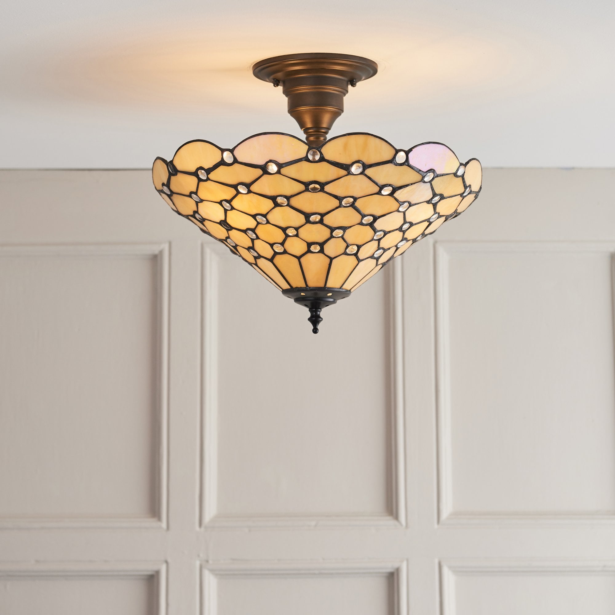 Interiors 1900 Pearl Medium 3 Light Semi-Flush Fitting - Tiffany Glass
