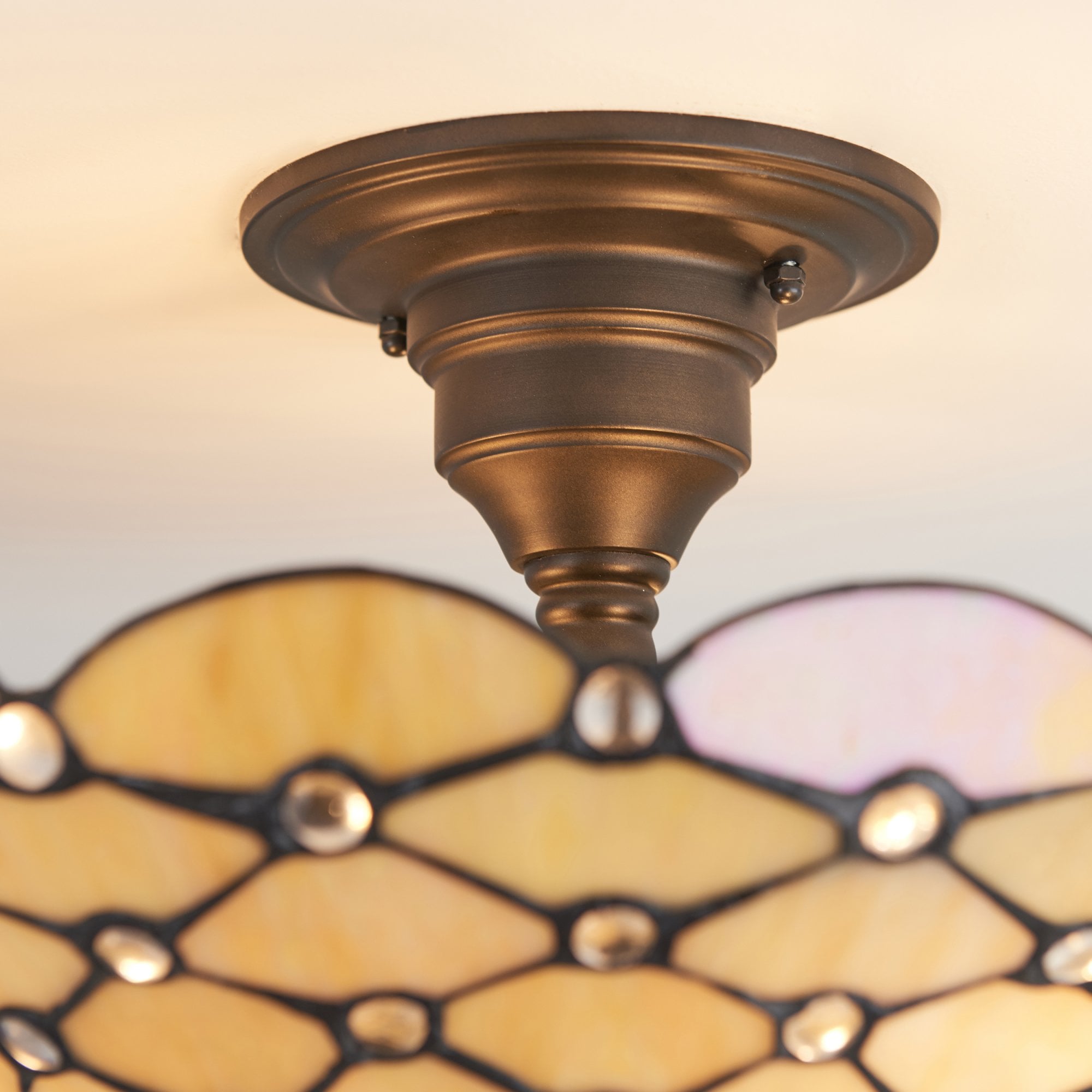 Interiors 1900 Pearl Medium 3 Light Semi-Flush Fitting - Tiffany Glass