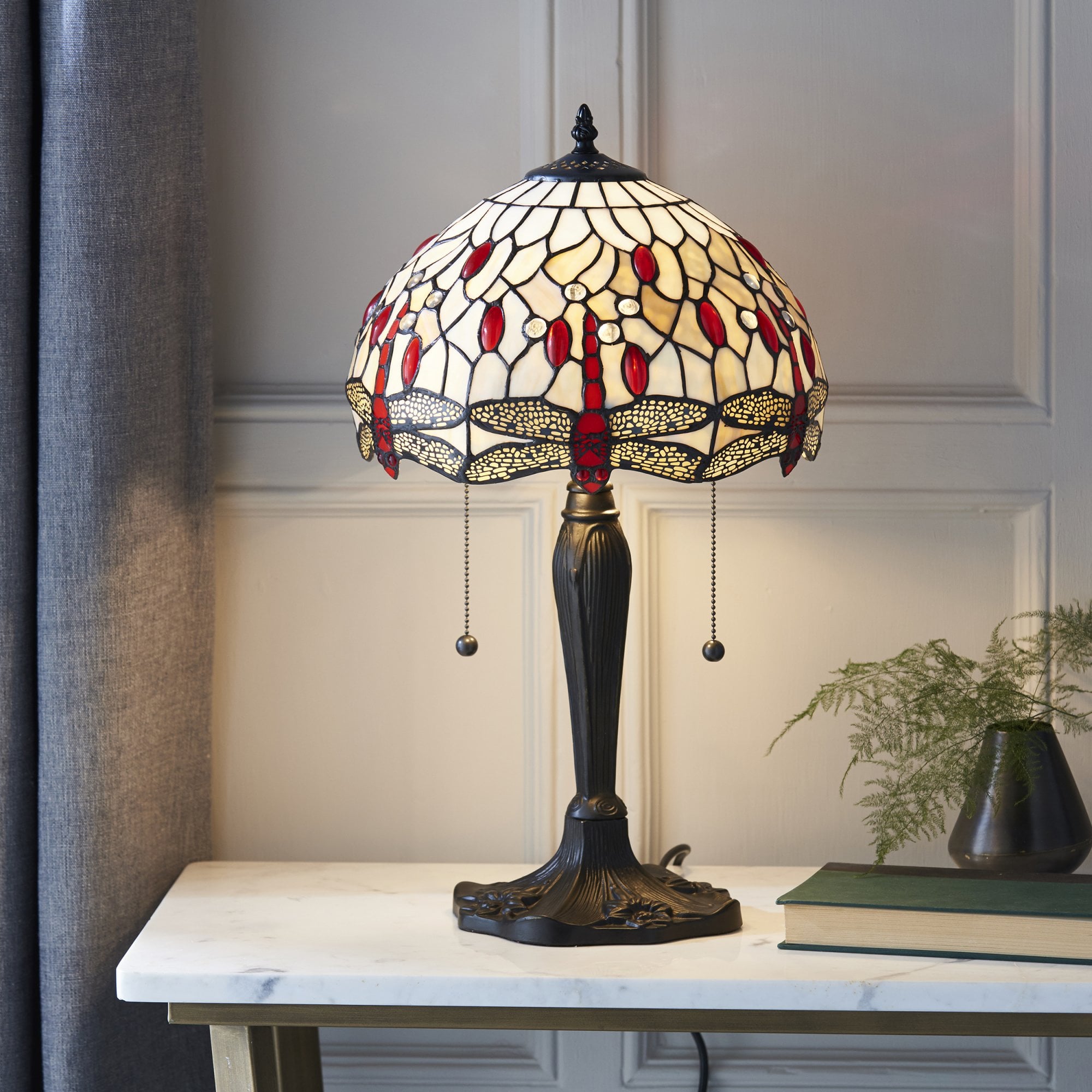 Interiors 1900 Dragonfly Beige Small Table Lamp - Tiffany Glass