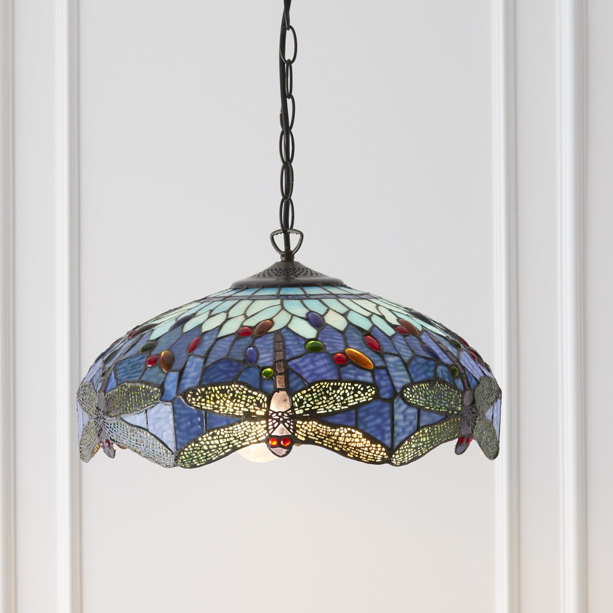 Interiors 1900 Dragonfly Blue Medium 3 Light Pendant - Tiffany Glass