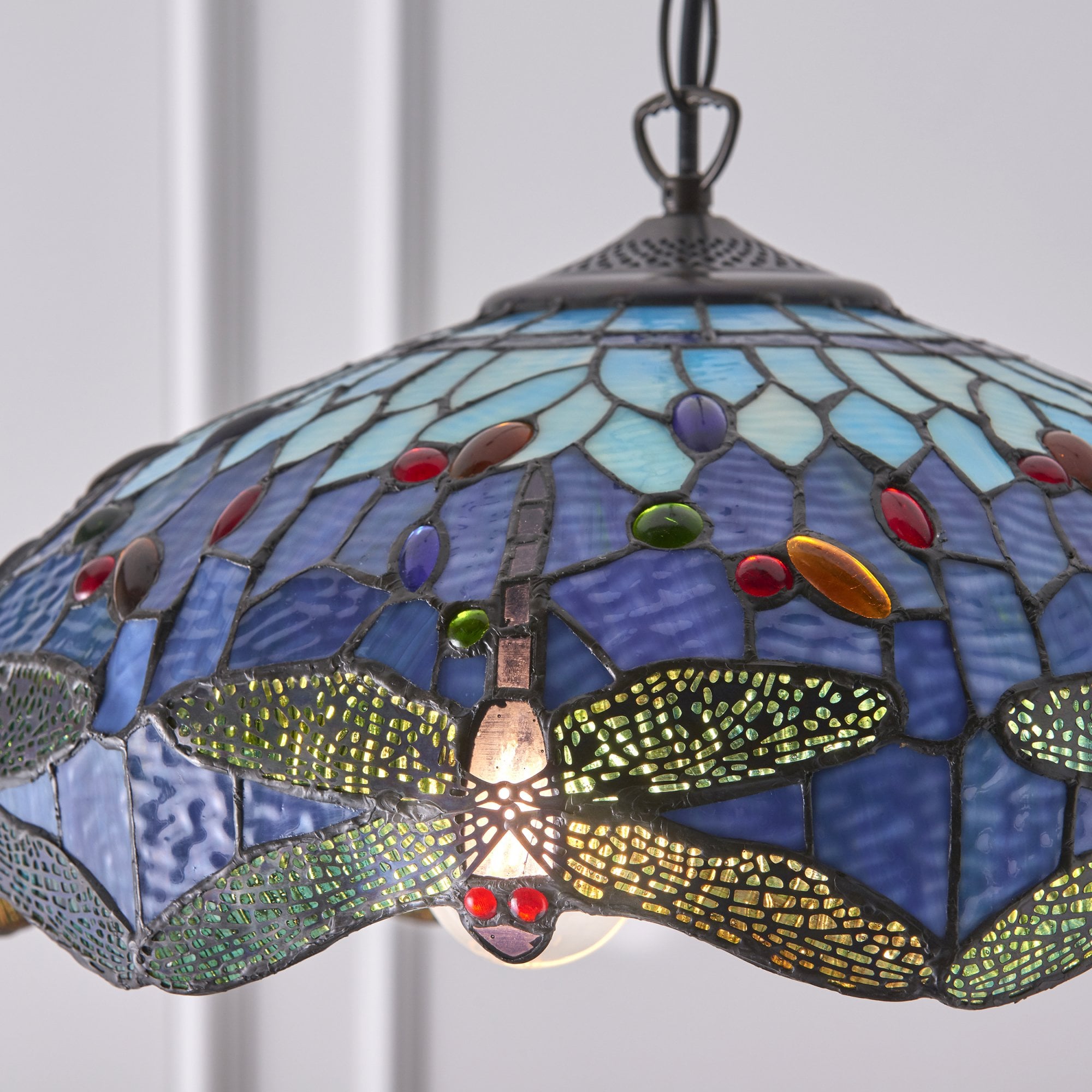 Interiors 1900 Dragonfly Blue Medium 3 Light Pendant - Tiffany Glass