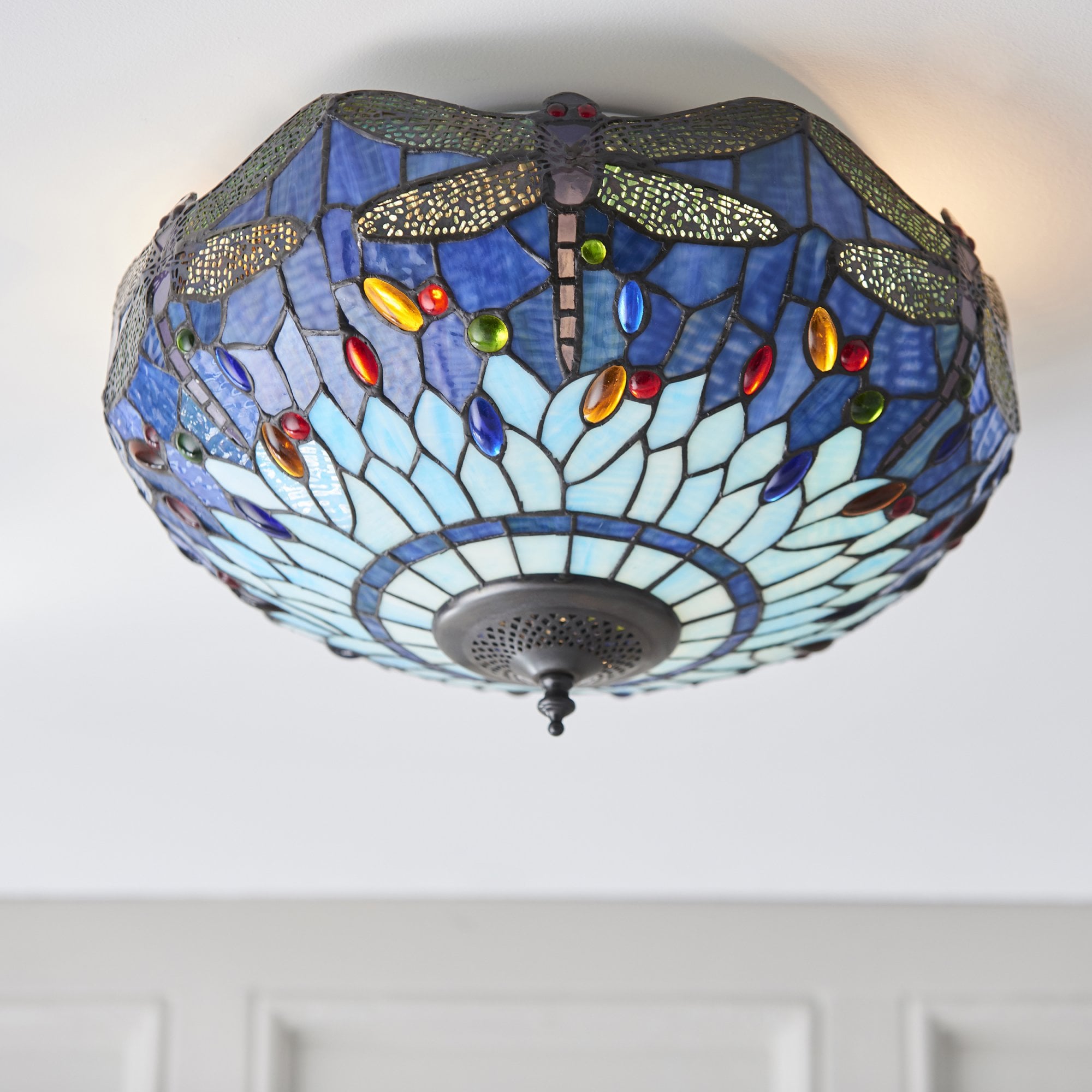 Interiors 1900 Dragonfly Blue Medium 2 Light Flush Fitting - Tiffany Glass