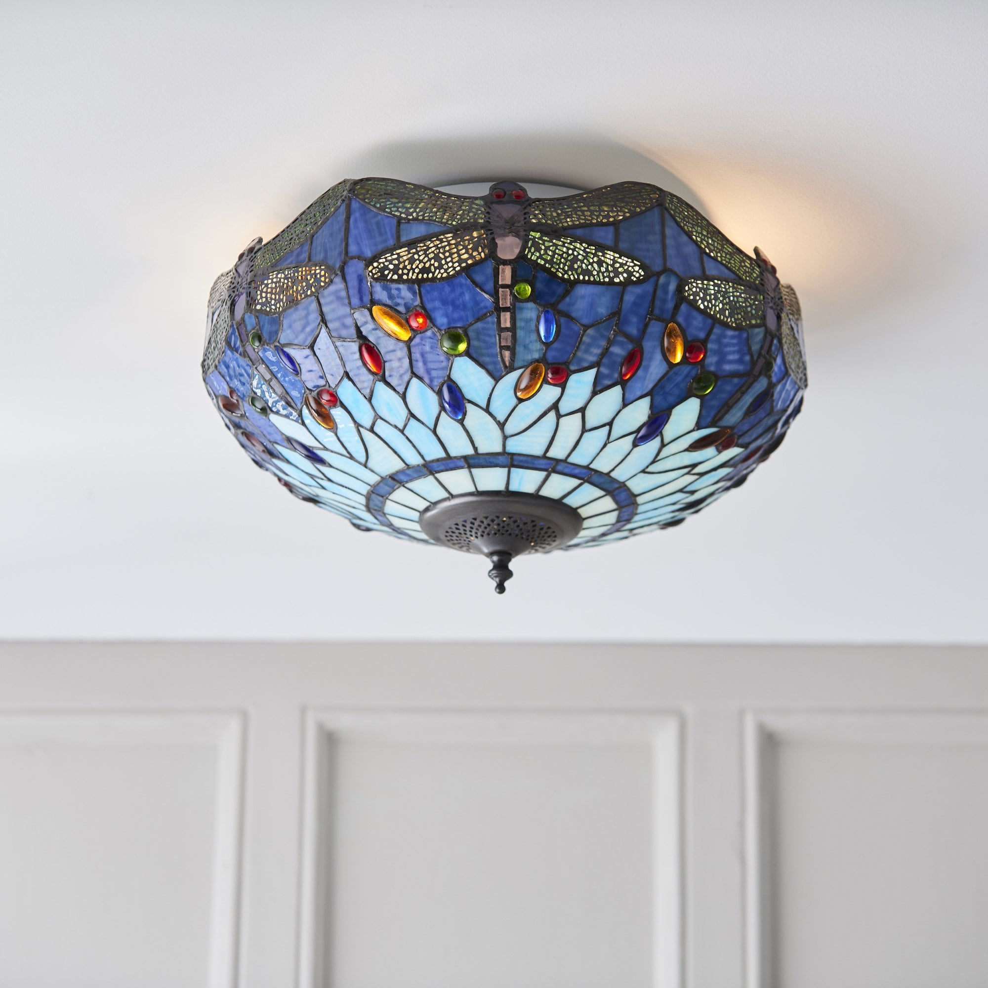 Interiors 1900 Dragonfly Blue Medium 2 Light Flush Fitting - Tiffany Glass