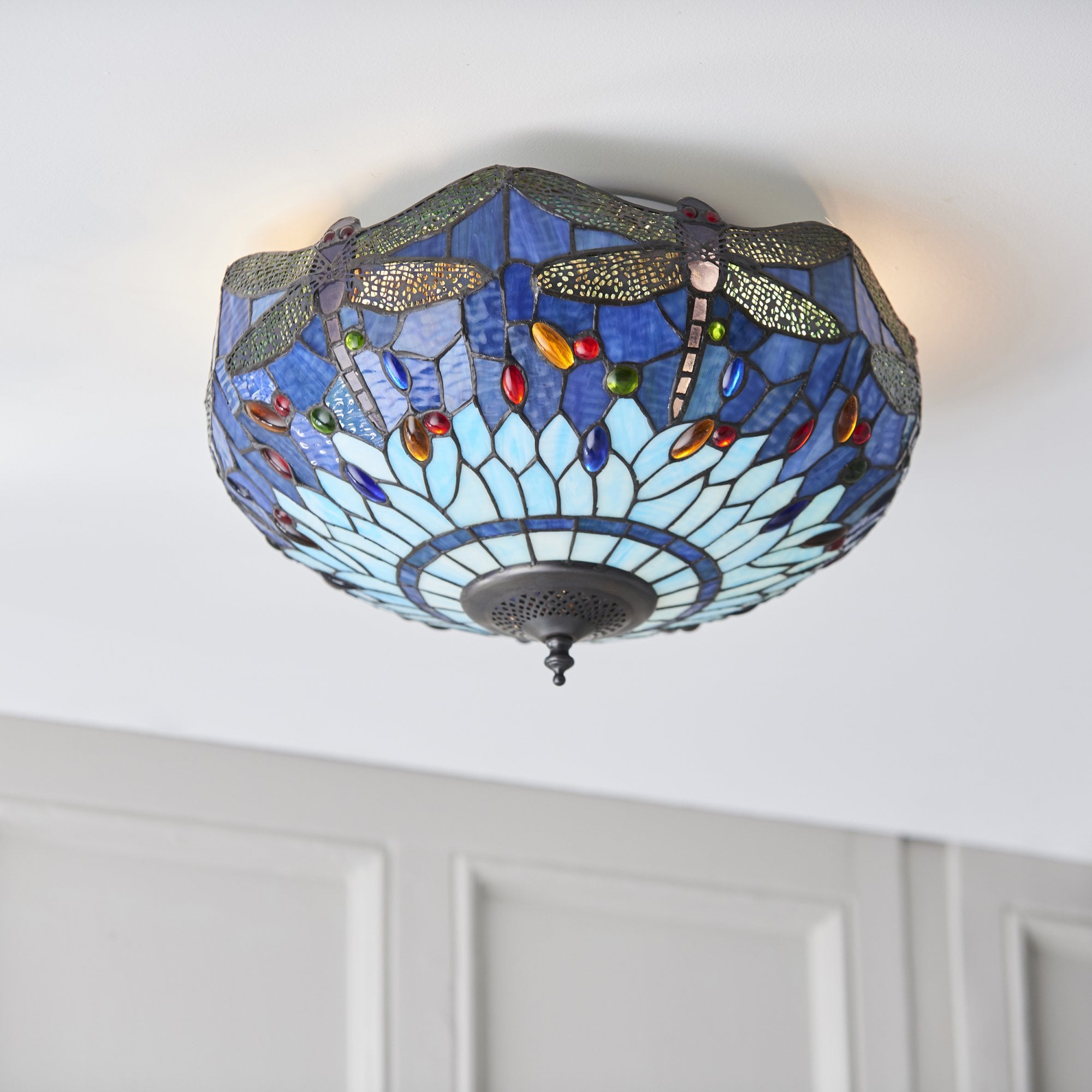 Interiors 1900 Dragonfly Blue Medium 2 Light Flush Fitting - Tiffany Glass
