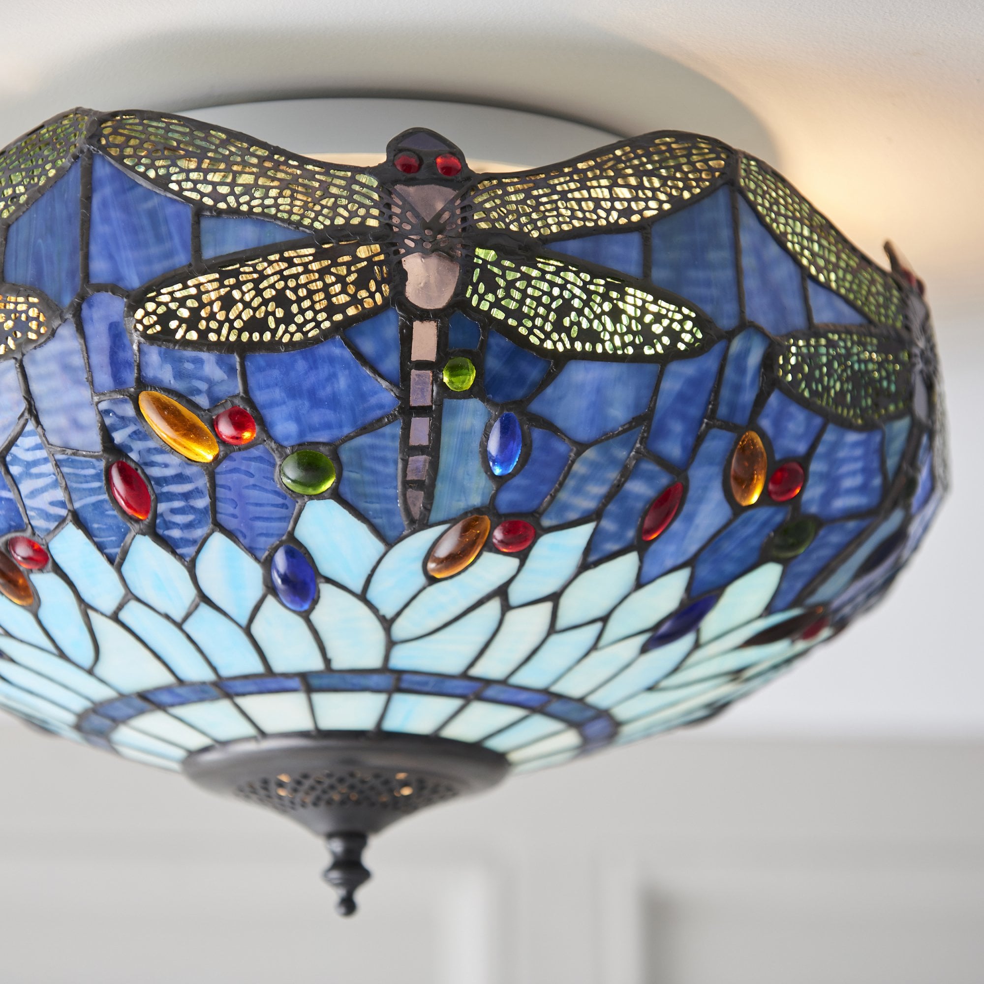 Interiors 1900 Dragonfly Blue Medium 2 Light Flush Fitting - Tiffany Glass