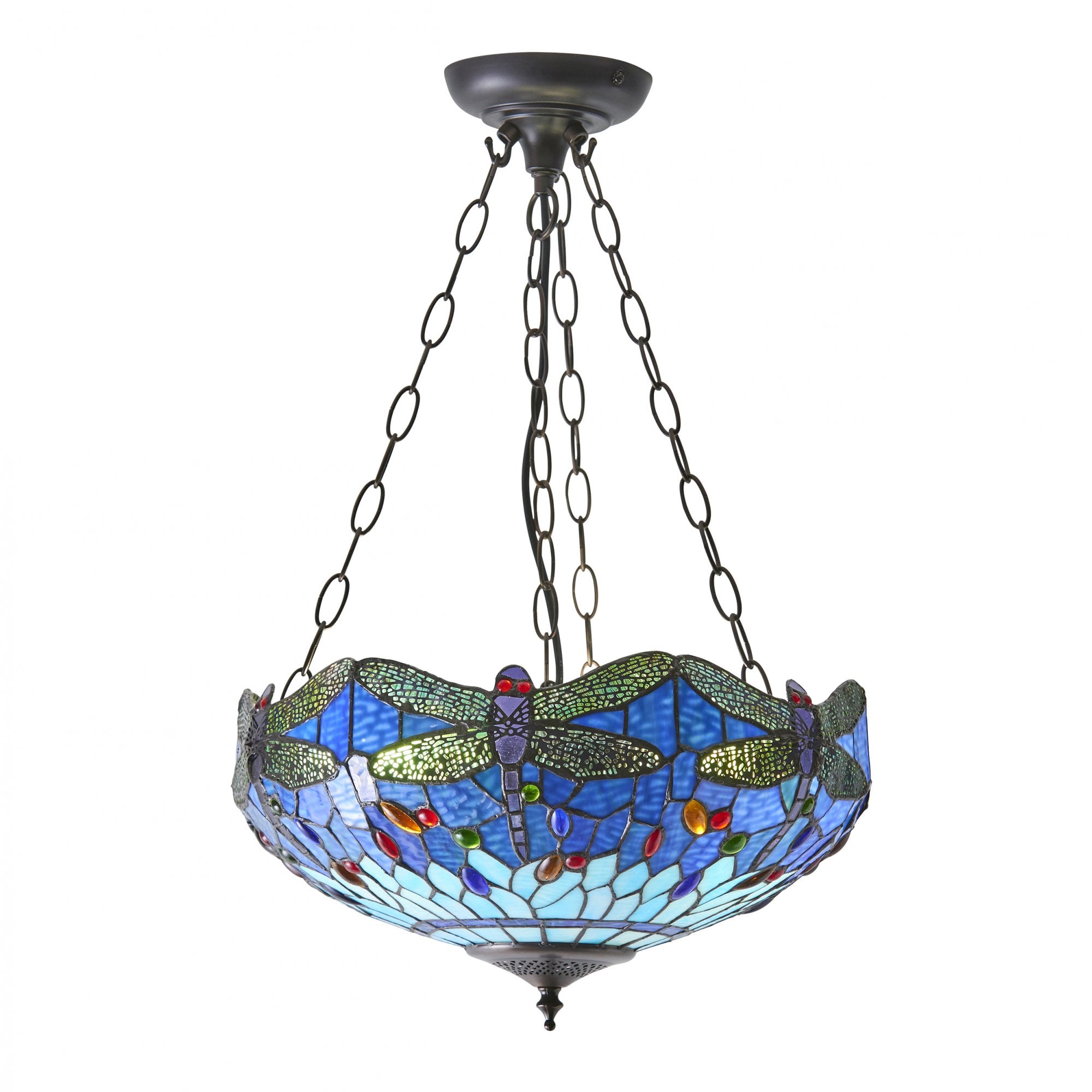 Interiors 1900 Dragonfly Blue Medium Inverted 3 Light Pendant - Tiffany Glass