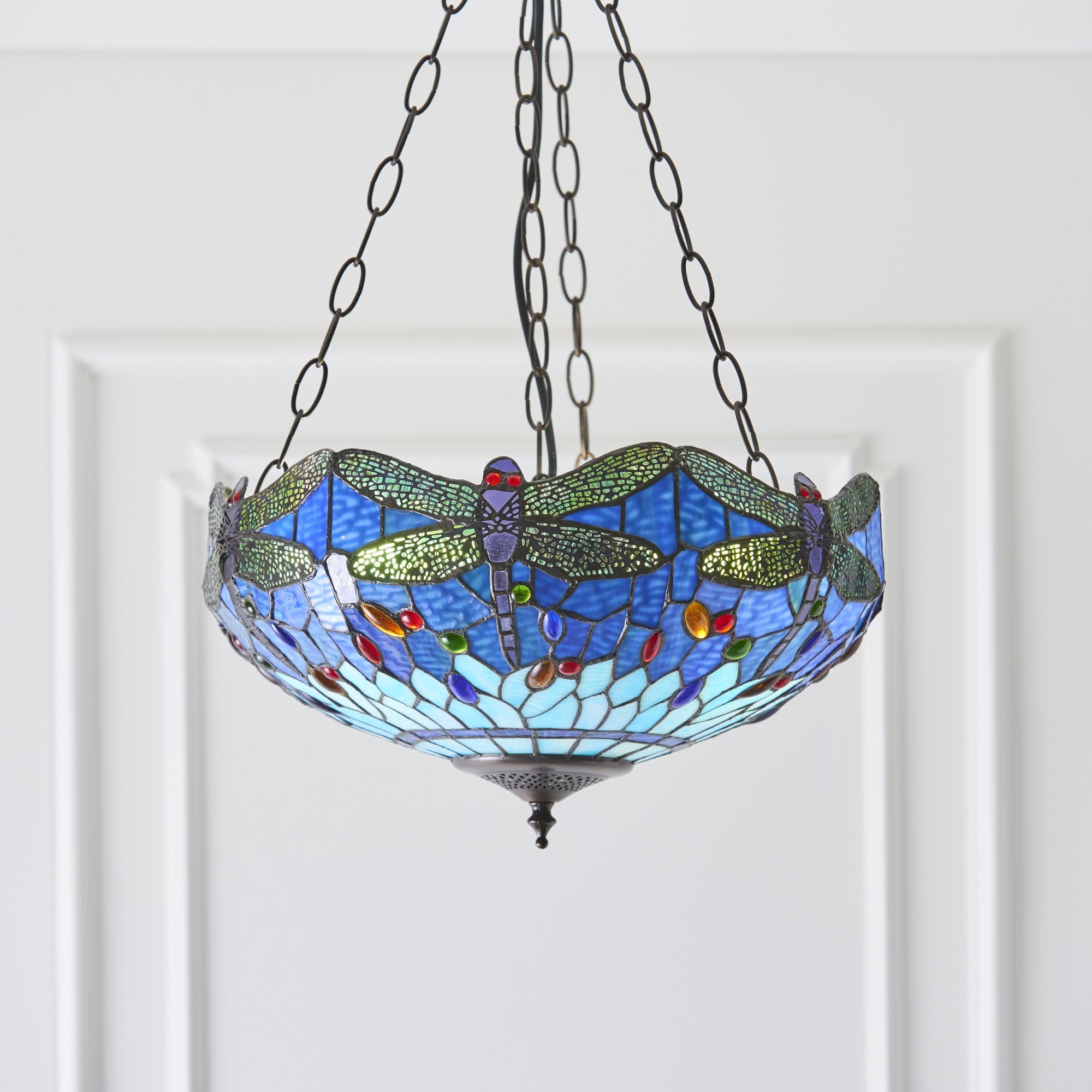 Interiors 1900 Dragonfly Blue Medium Inverted 3 Light Pendant - Tiffany Glass