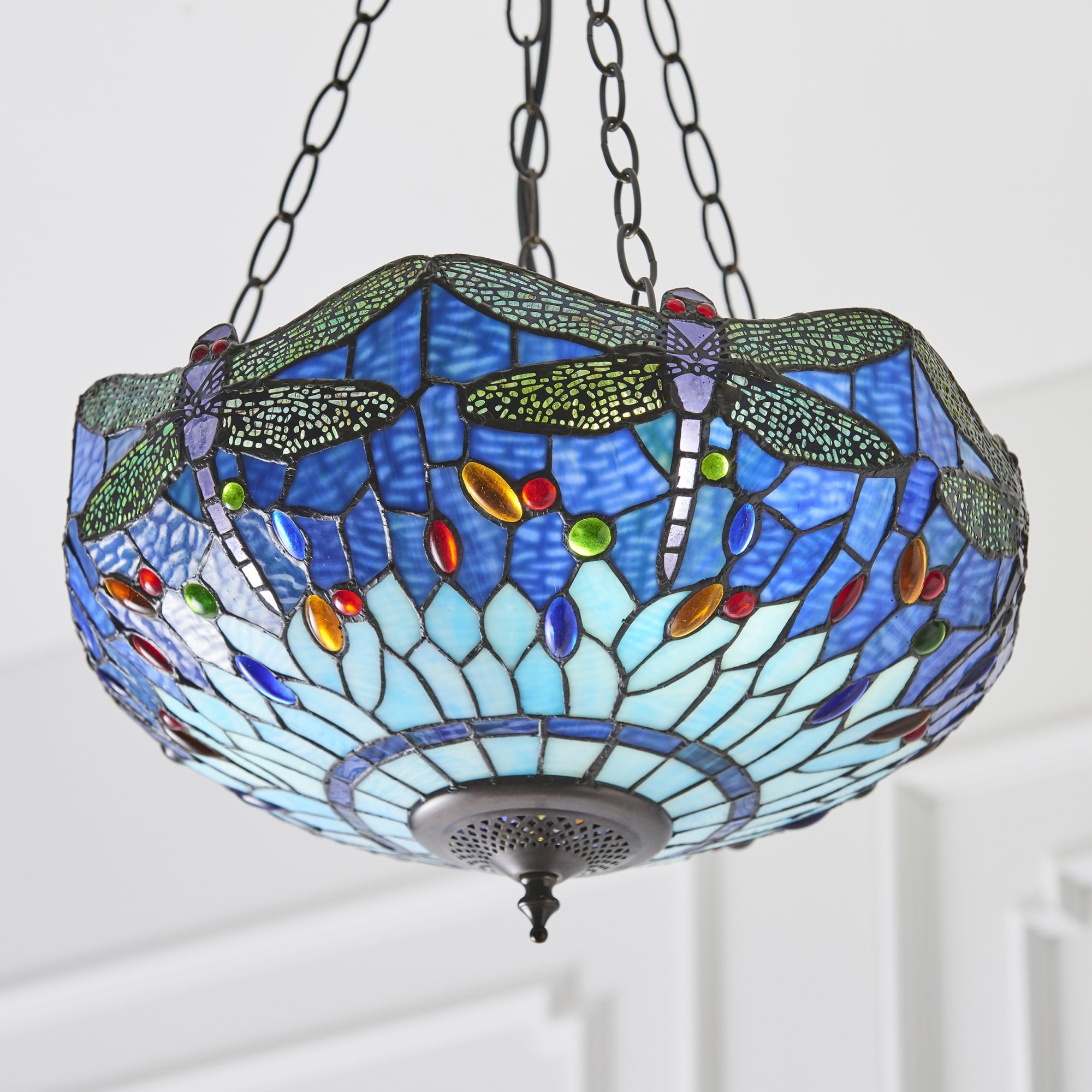Interiors 1900 Dragonfly Blue Medium Inverted 3 Light Pendant - Tiffany Glass