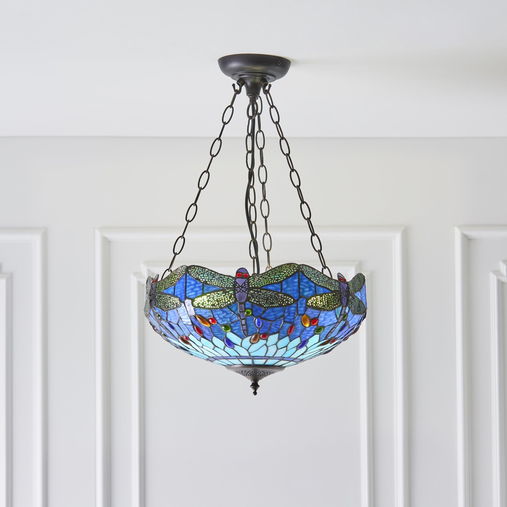 Interiors 1900 Dragonfly Blue Medium Inverted 3 Light Pendant - Tiffany Glass