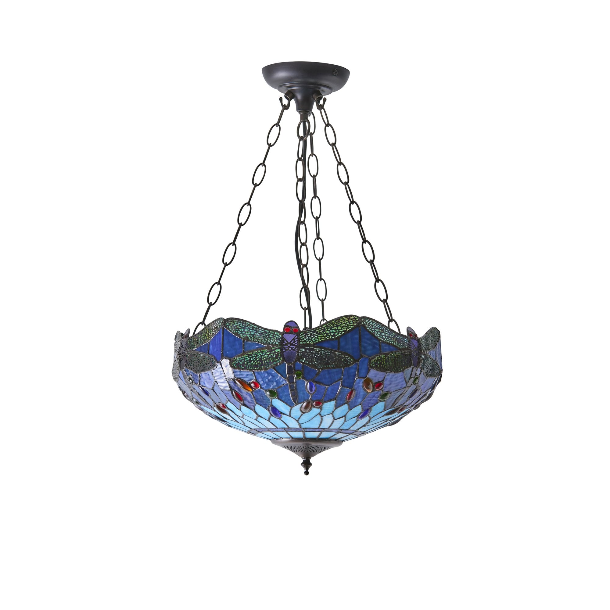 Interiors 1900 Dragonfly Blue Medium Inverted 3 Light Pendant - Tiffany Glass