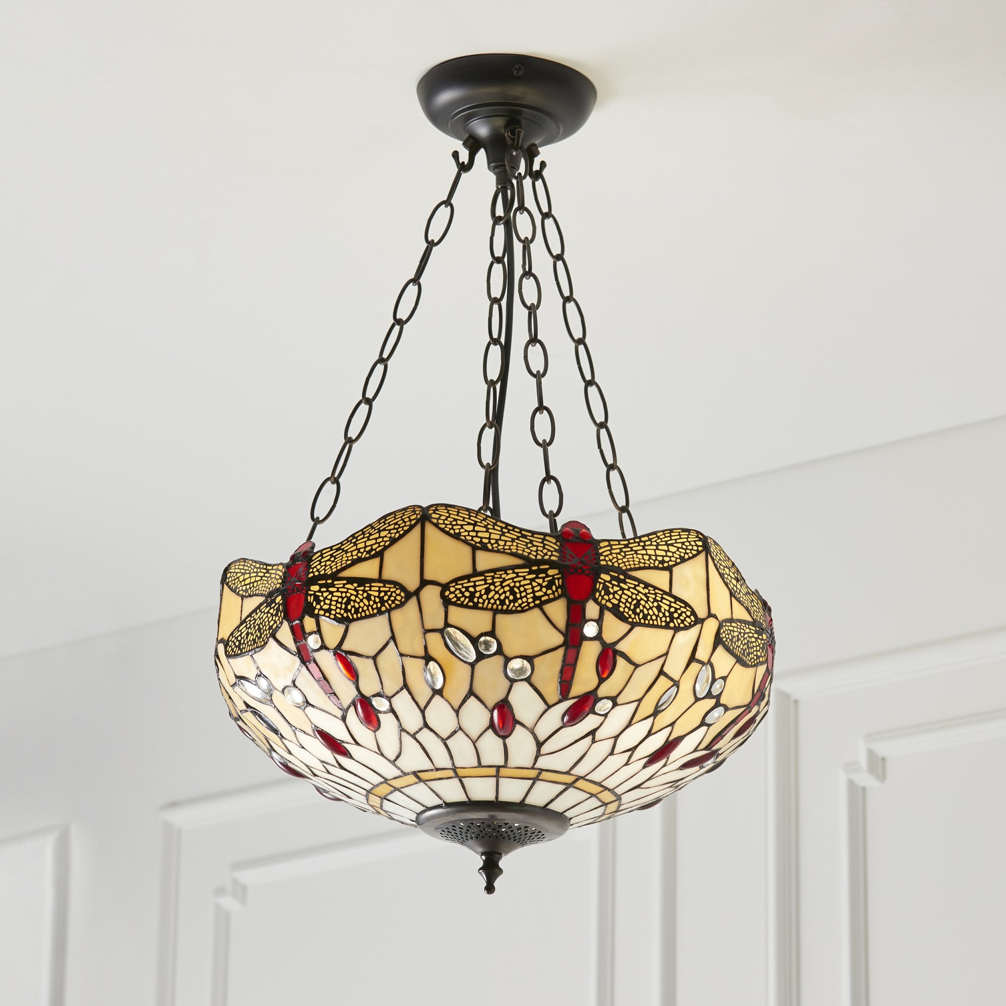 Interiors 1900 Dragonfly Beige Medium Inverted 3 Light Pendant - Tiffany Glass