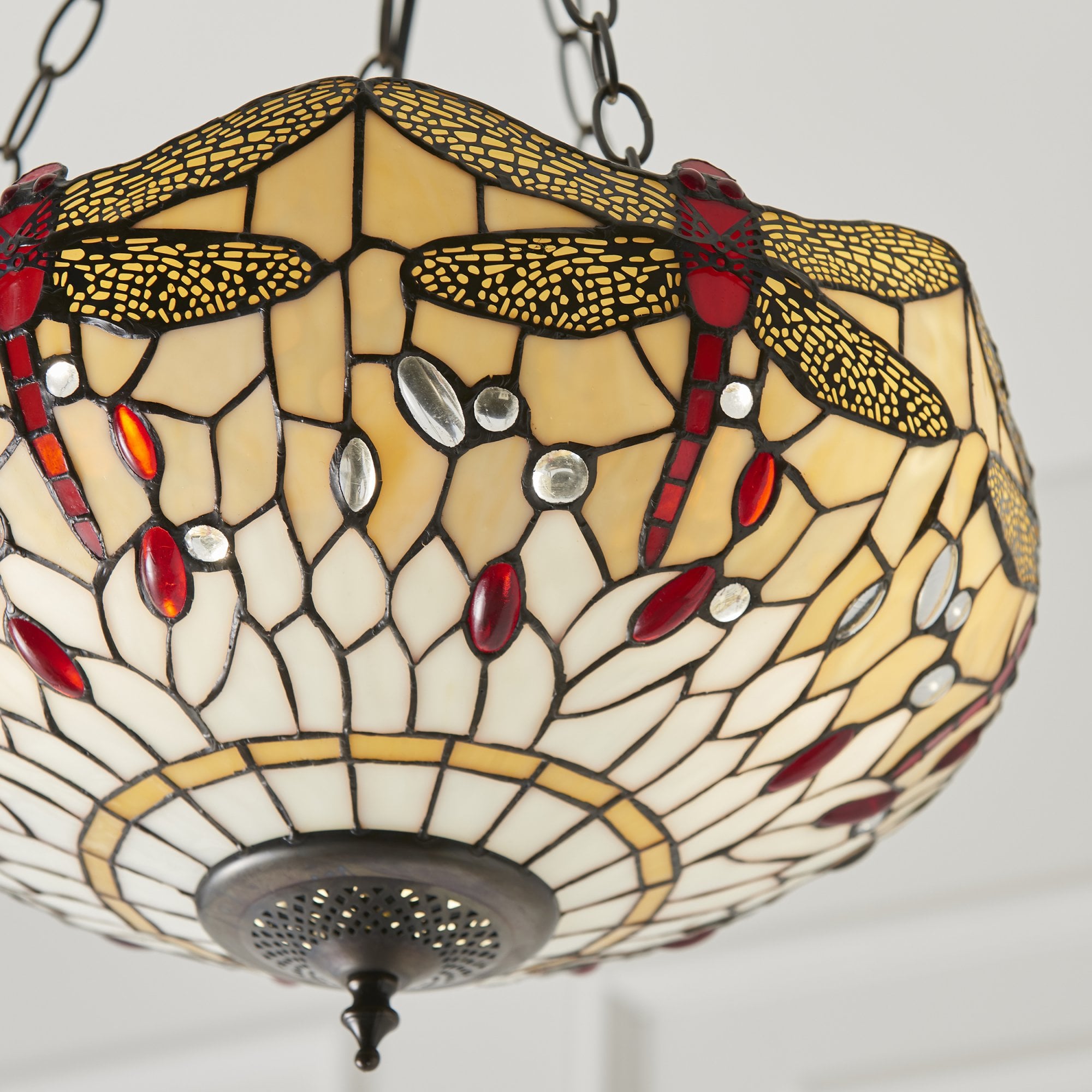 Interiors 1900 Dragonfly Beige Medium Inverted 3 Light Pendant - Tiffany Glass