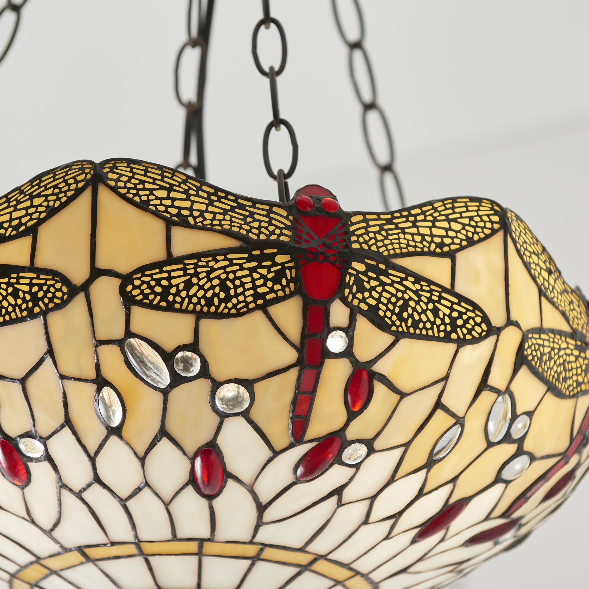Interiors 1900 Dragonfly Beige Medium Inverted 3 Light Pendant - Tiffany Glass