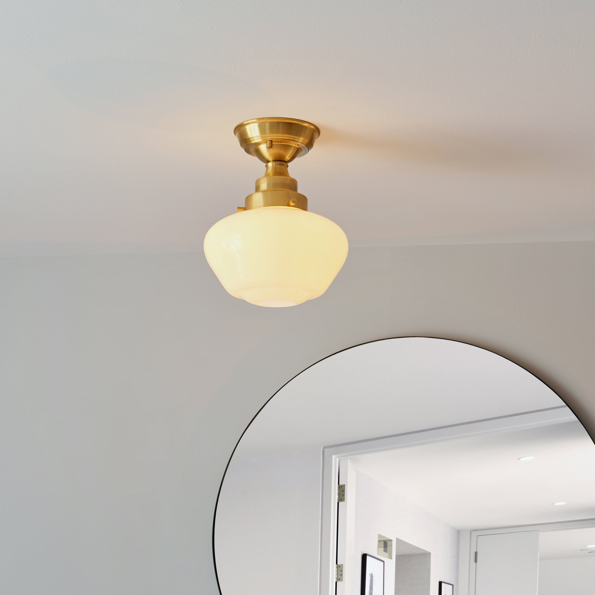 Endon Camberley Semi Flush Ceiling Light - Shiny Brass With Opal Glass