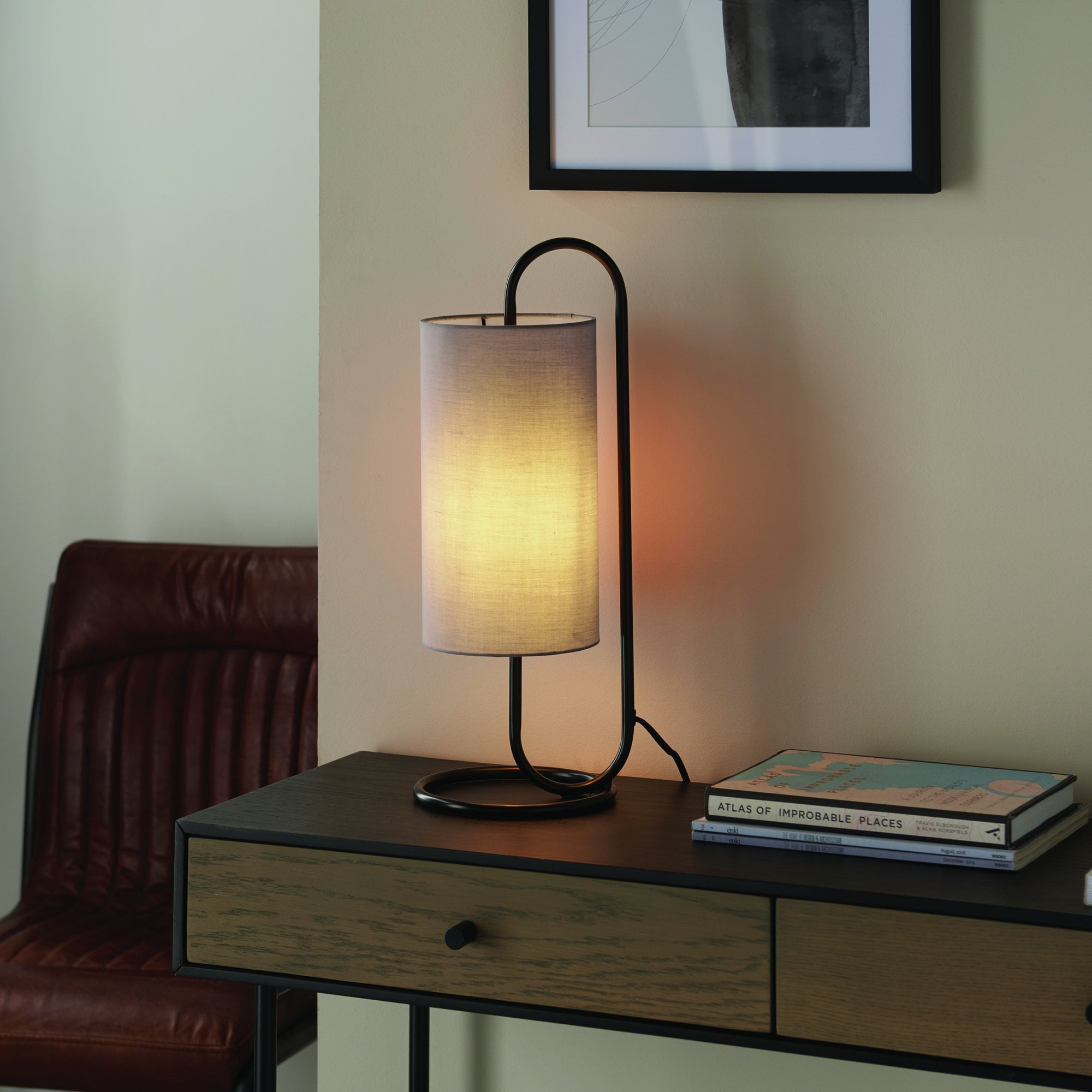 Endon Klip Metal Frame Table Lamp - Matt Black With Grey Shade - Short