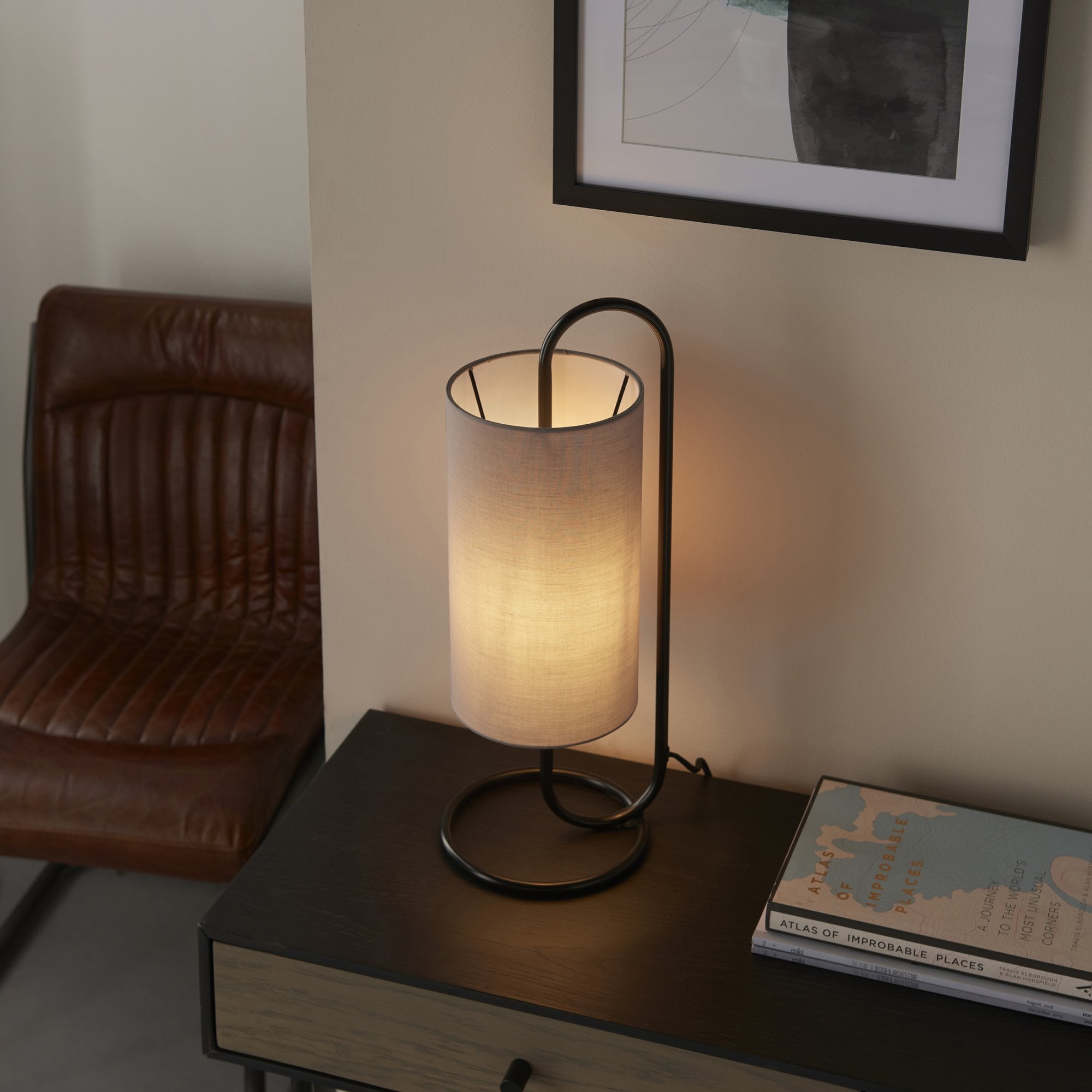 Endon Klip Metal Frame Table Lamp - Matt Black With Grey Shade - Short