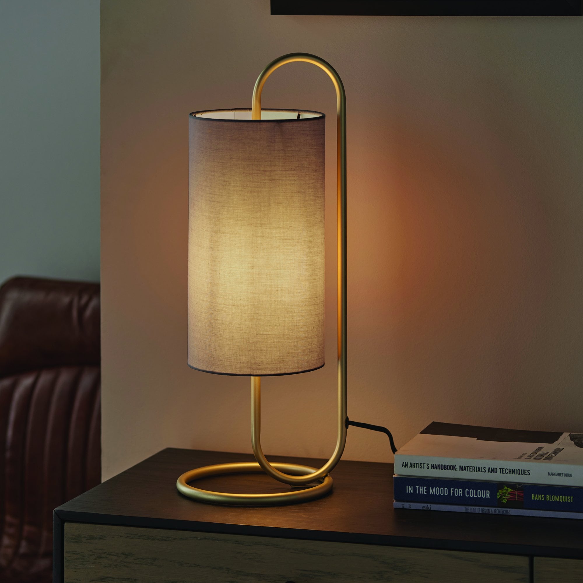 Endon Klip Metal Frame Table Lamp - Antique Brass With Grey Shade - Short