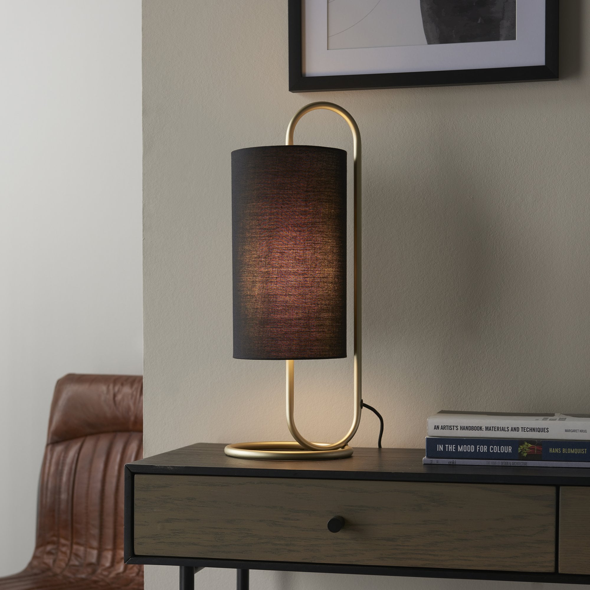 Endon Klip Metal Frame Table Lamp - Antique Brass With Black Shade - Short