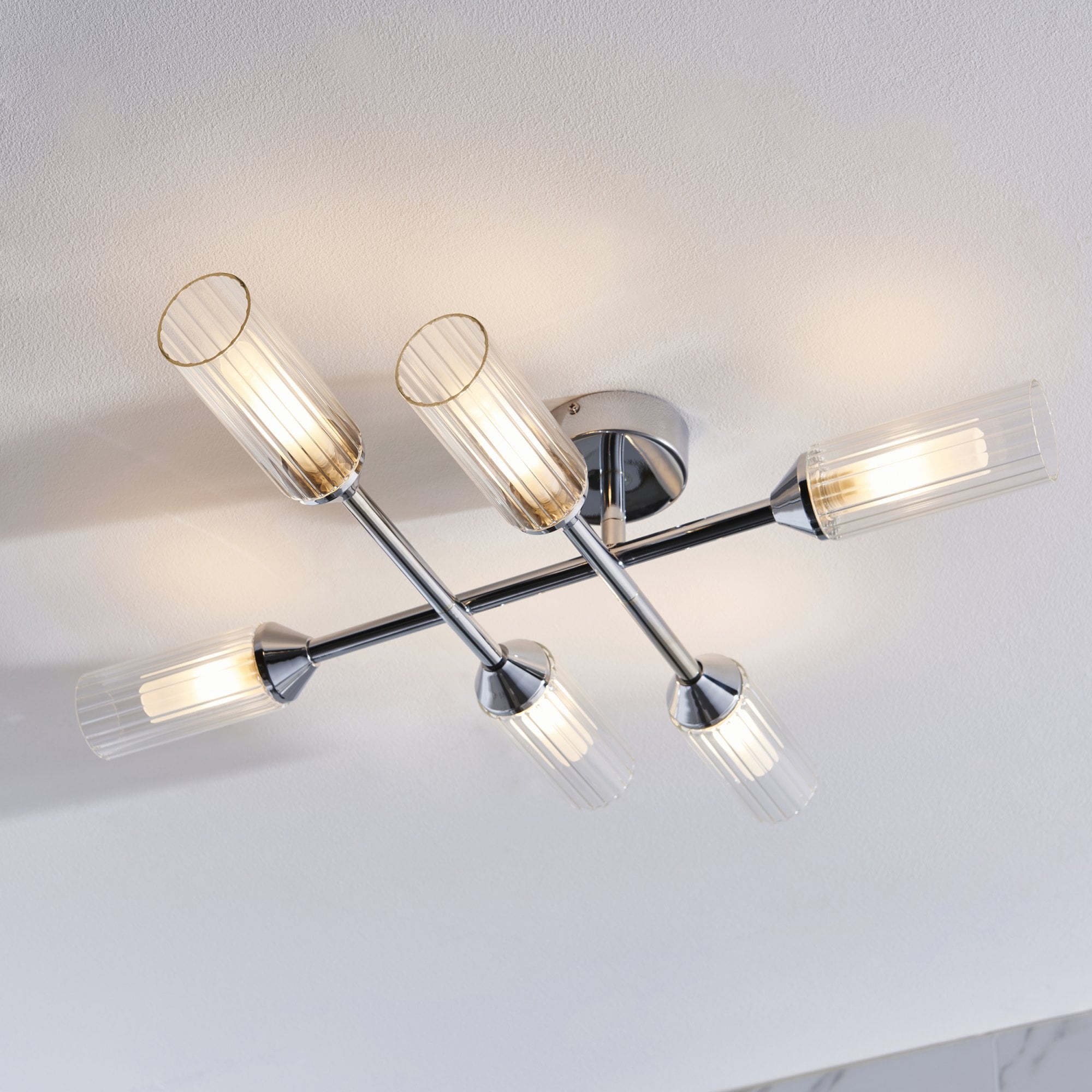 Endon Flute 6 Light Semi-Flush - Chrome & Ribbed Frosted Shades