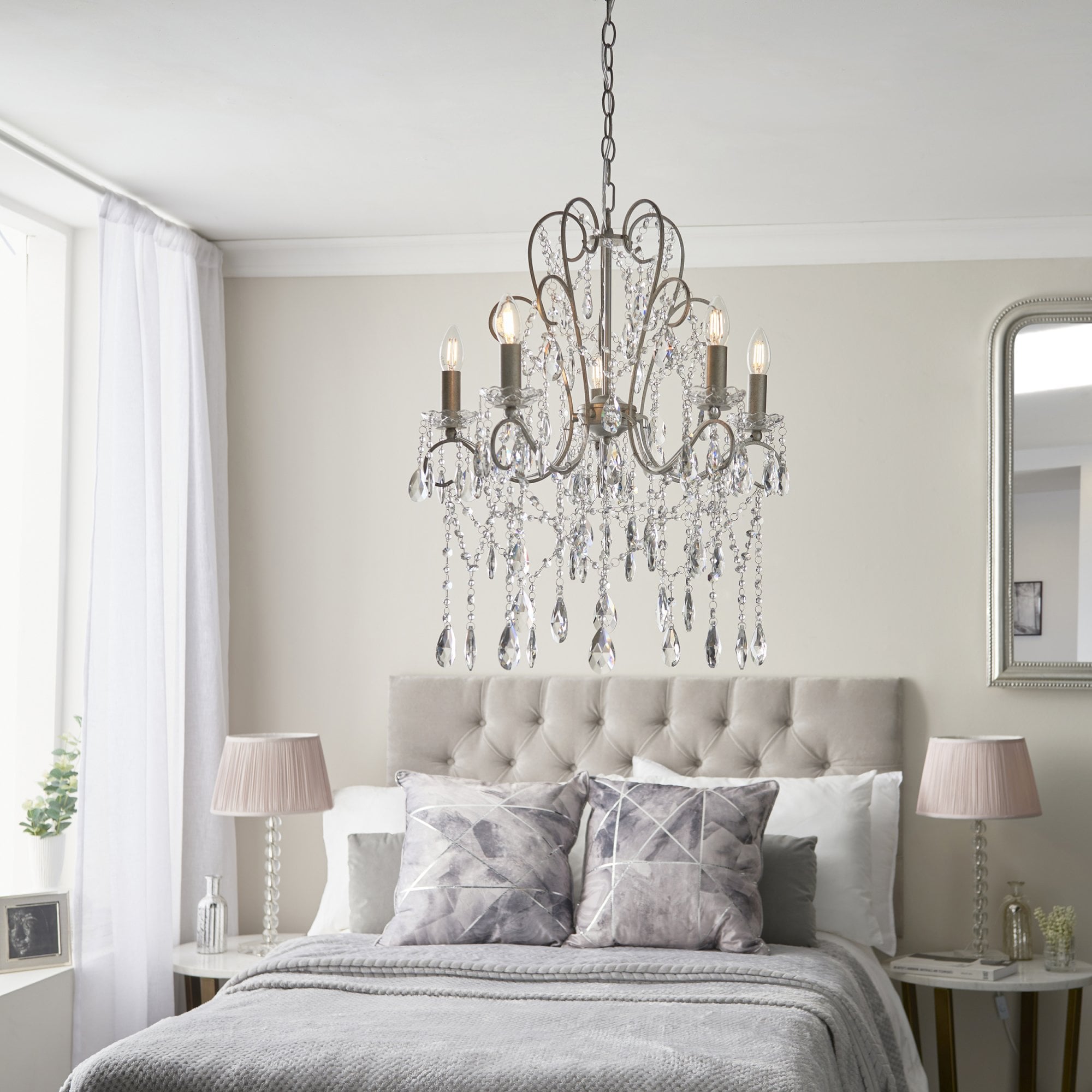 Endon Berkley 5 Light Chandelier - Aged Silver & Crystal Glass
