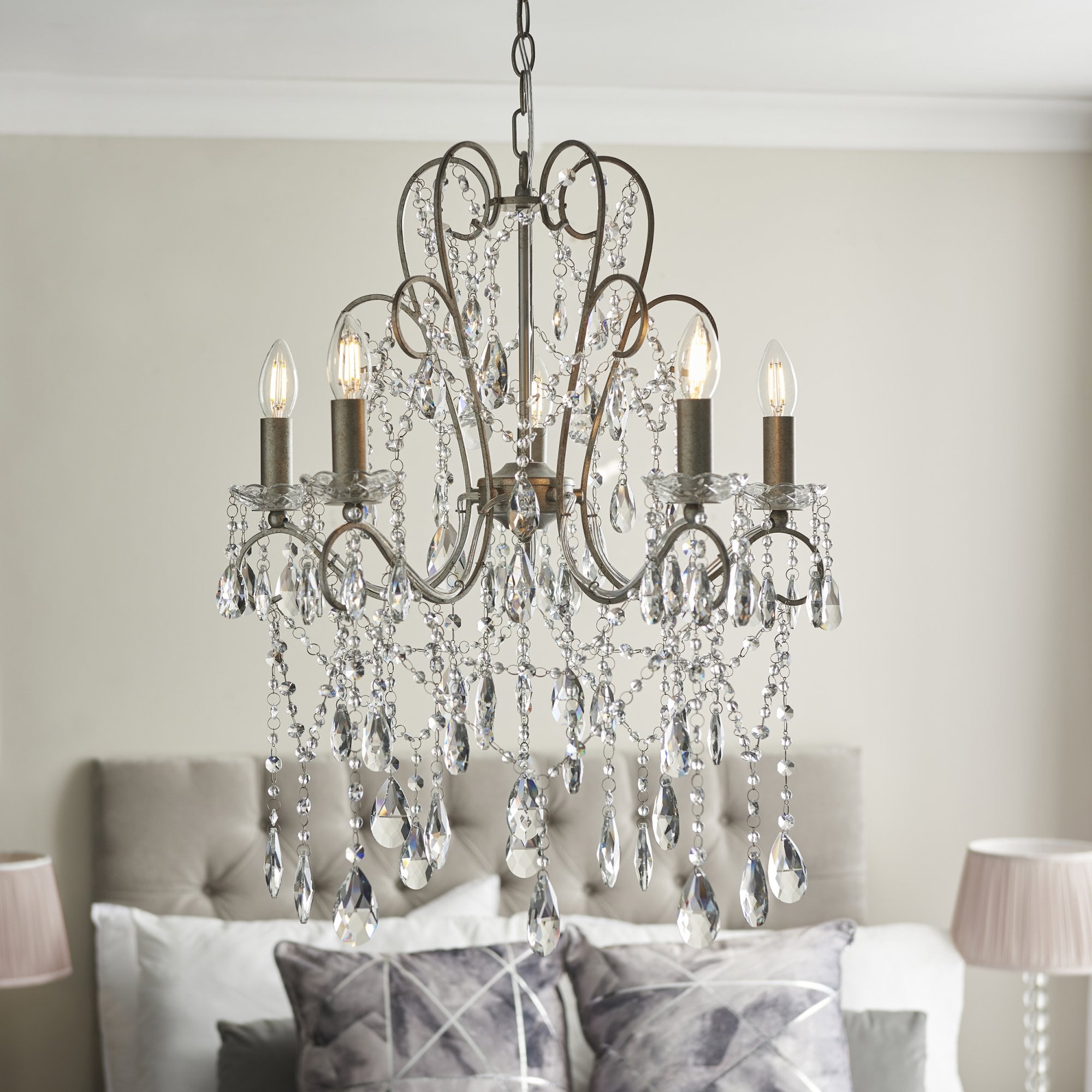 Endon Berkley 5 Light Chandelier - Aged Silver & Crystal Glass