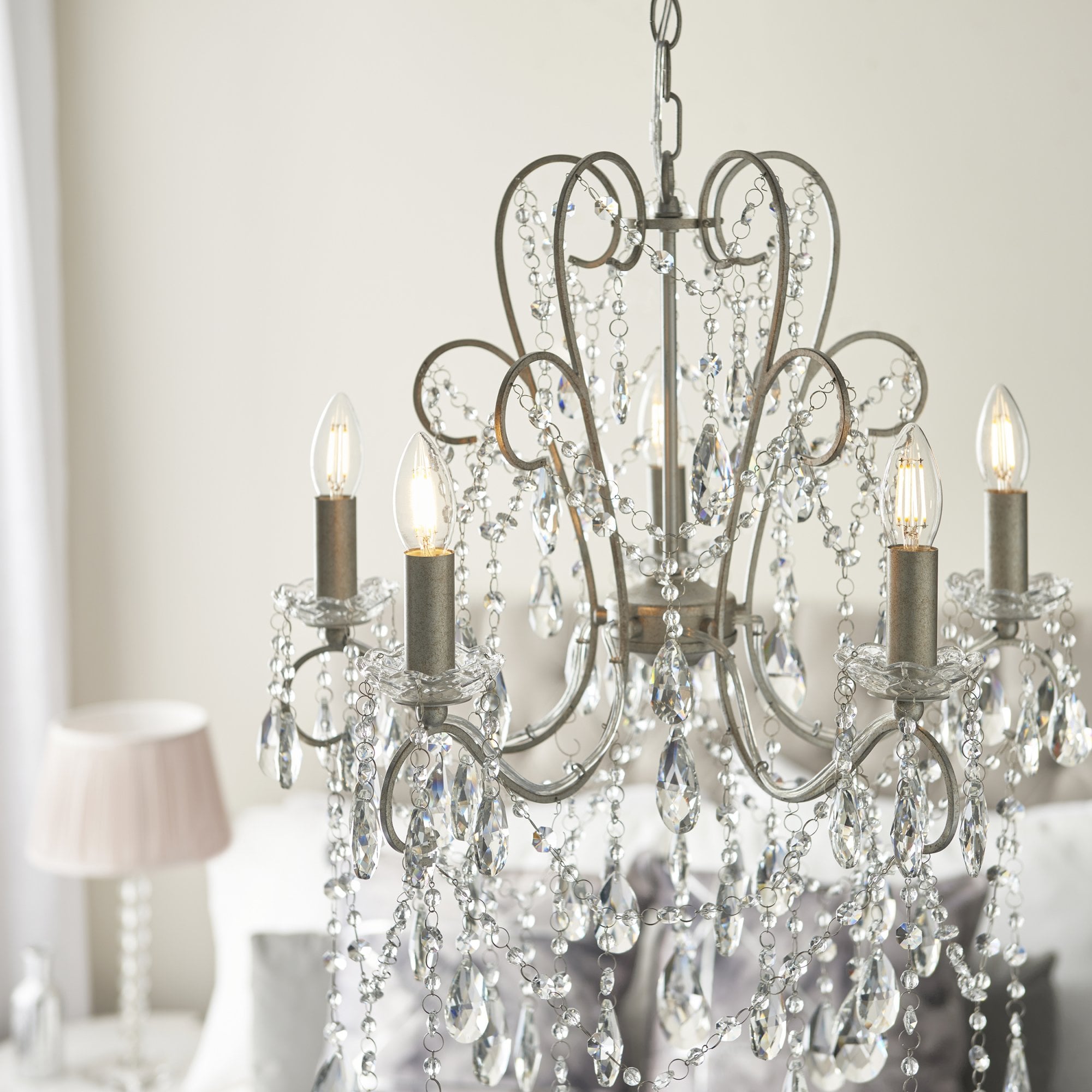 Endon Berkley 5 Light Chandelier - Aged Silver & Crystal Glass