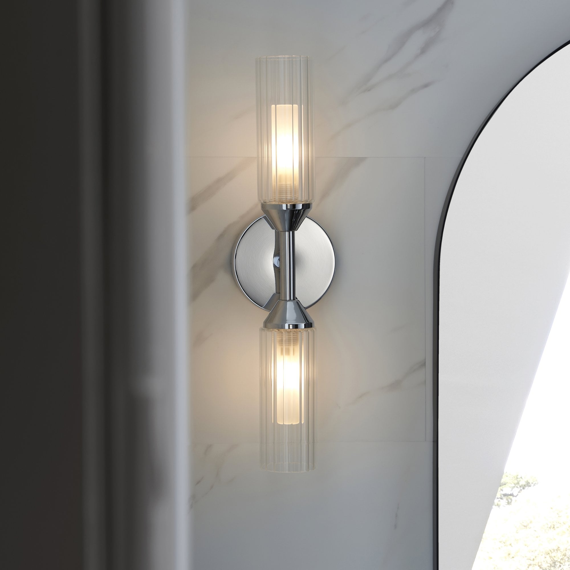Endon Flute Double Wall Light - Frosted, Ribbed Glass & Chrome