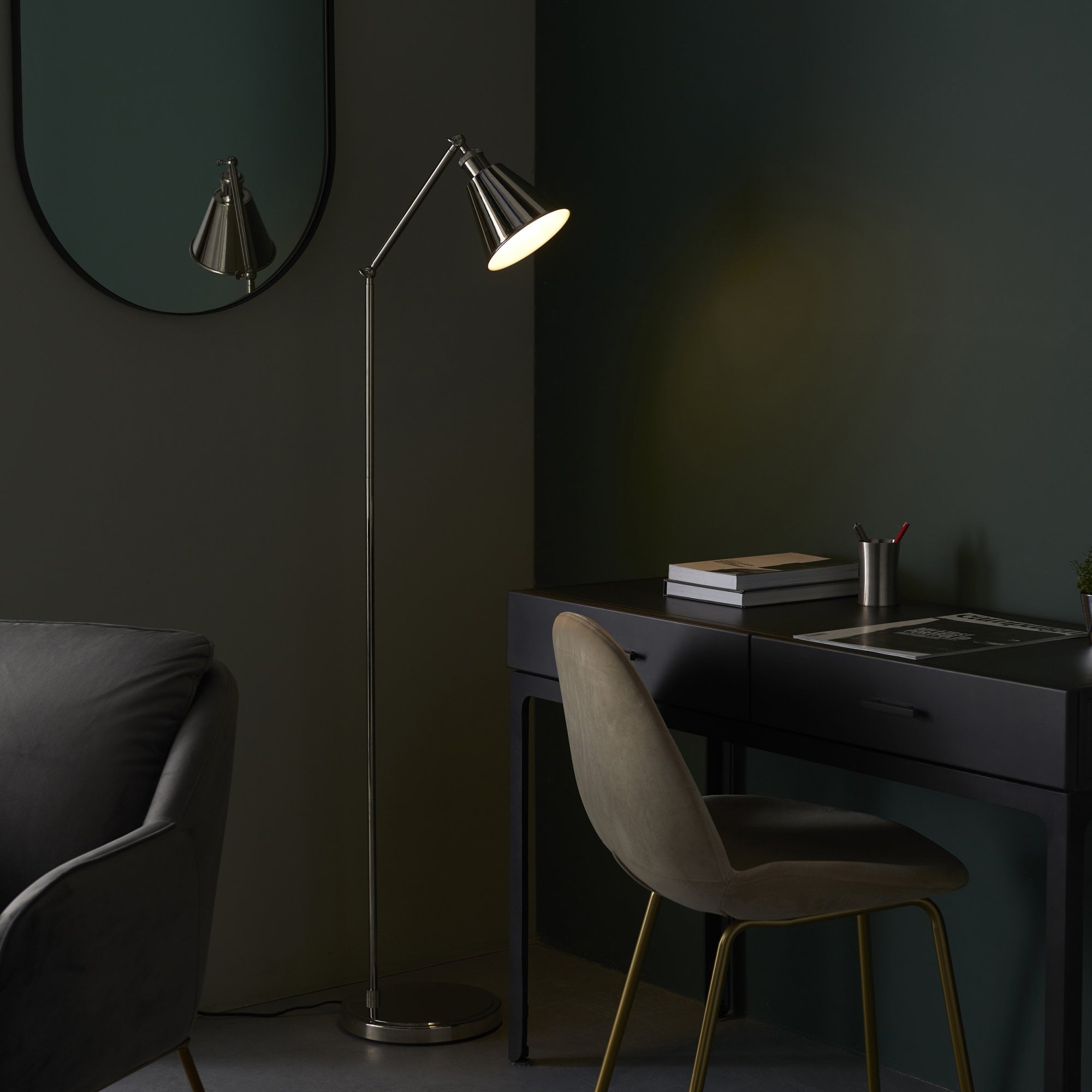 Endon Hal Single Light Floor Lamp - Bright Nickel & Satin White