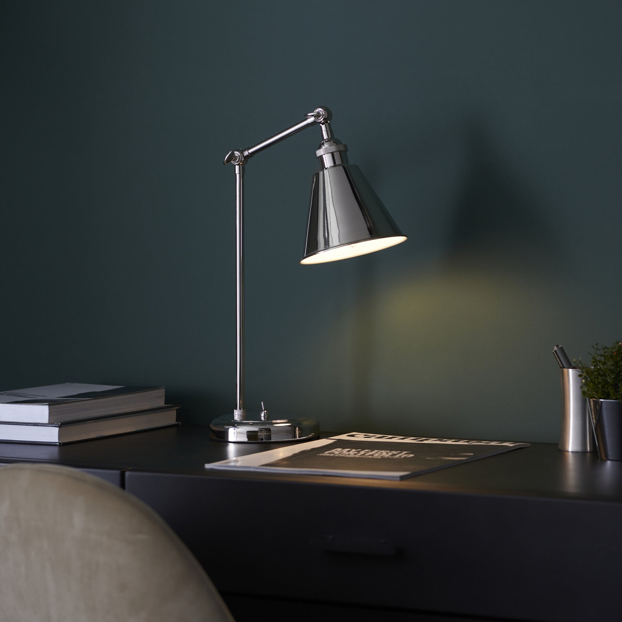 Endon Hal Single Light Table Lamp - Bright Nickel & Satin White