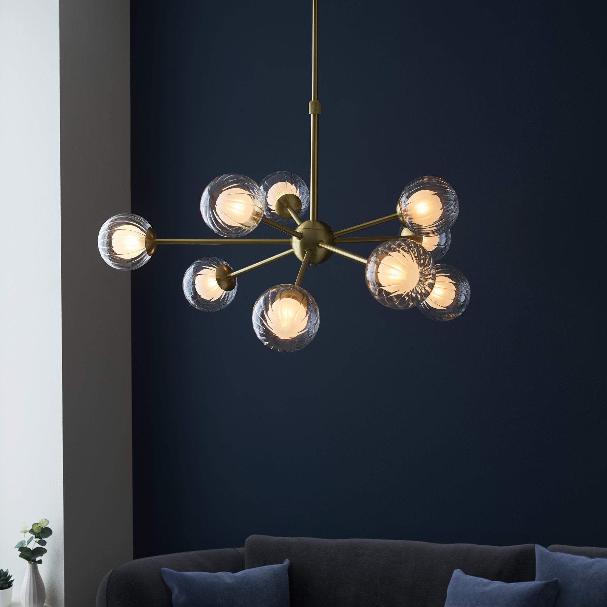 Utopia Matrix Round 9 Light Ceiling Semi Flush - Satin Brass & Glass