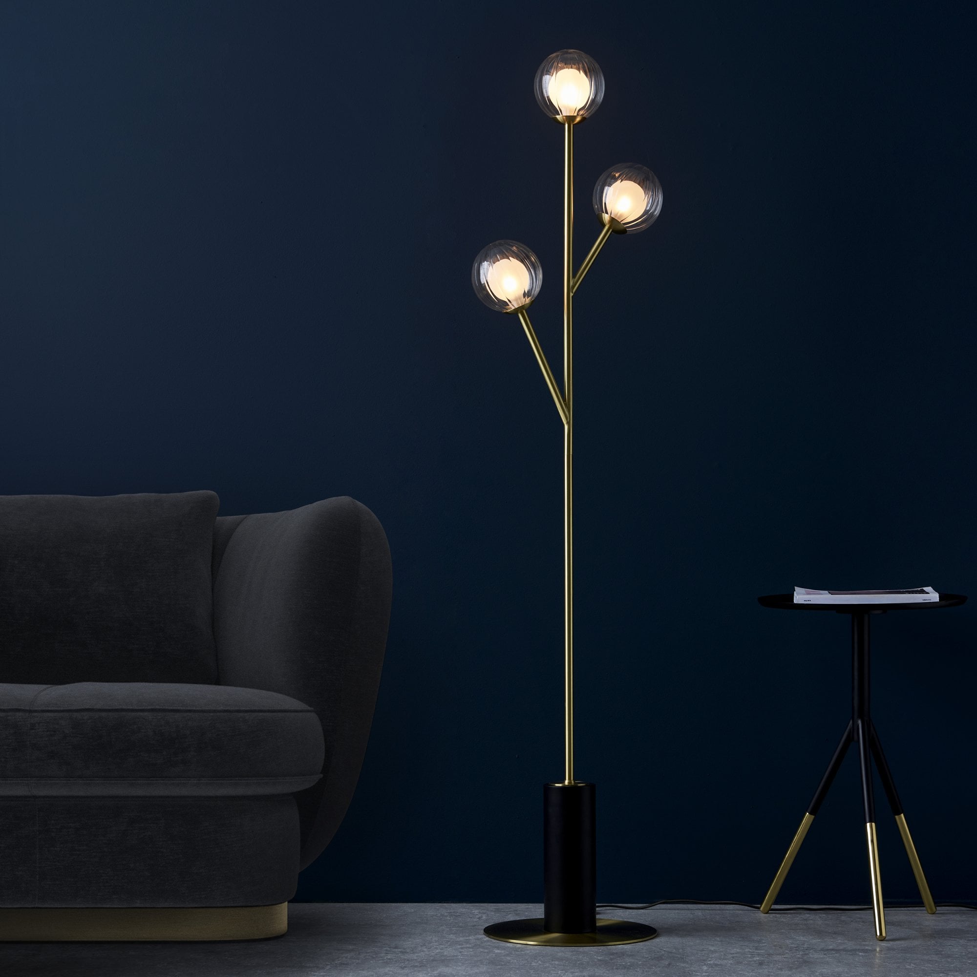 Utopia Matrix Round 3 Light Floor Lamp - Satin Brass & Glass