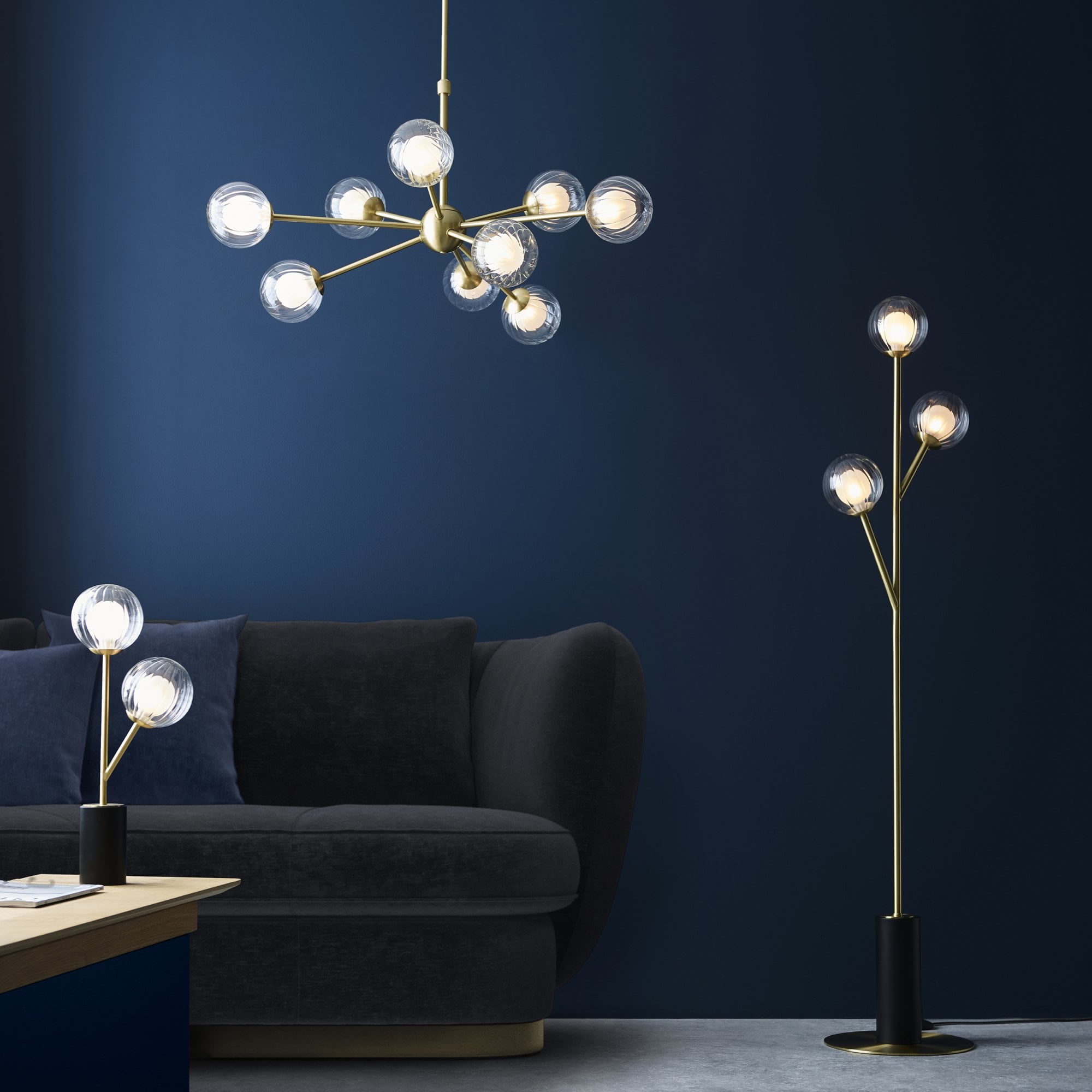 Utopia Matrix Round 3 Light Floor Lamp - Satin Brass & Glass