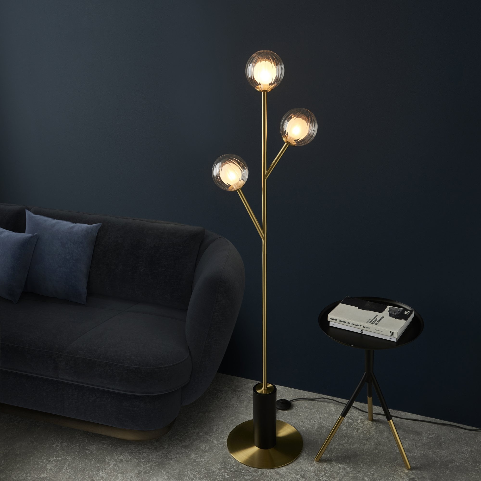 Utopia Matrix Round 3 Light Floor Lamp - Satin Brass & Glass