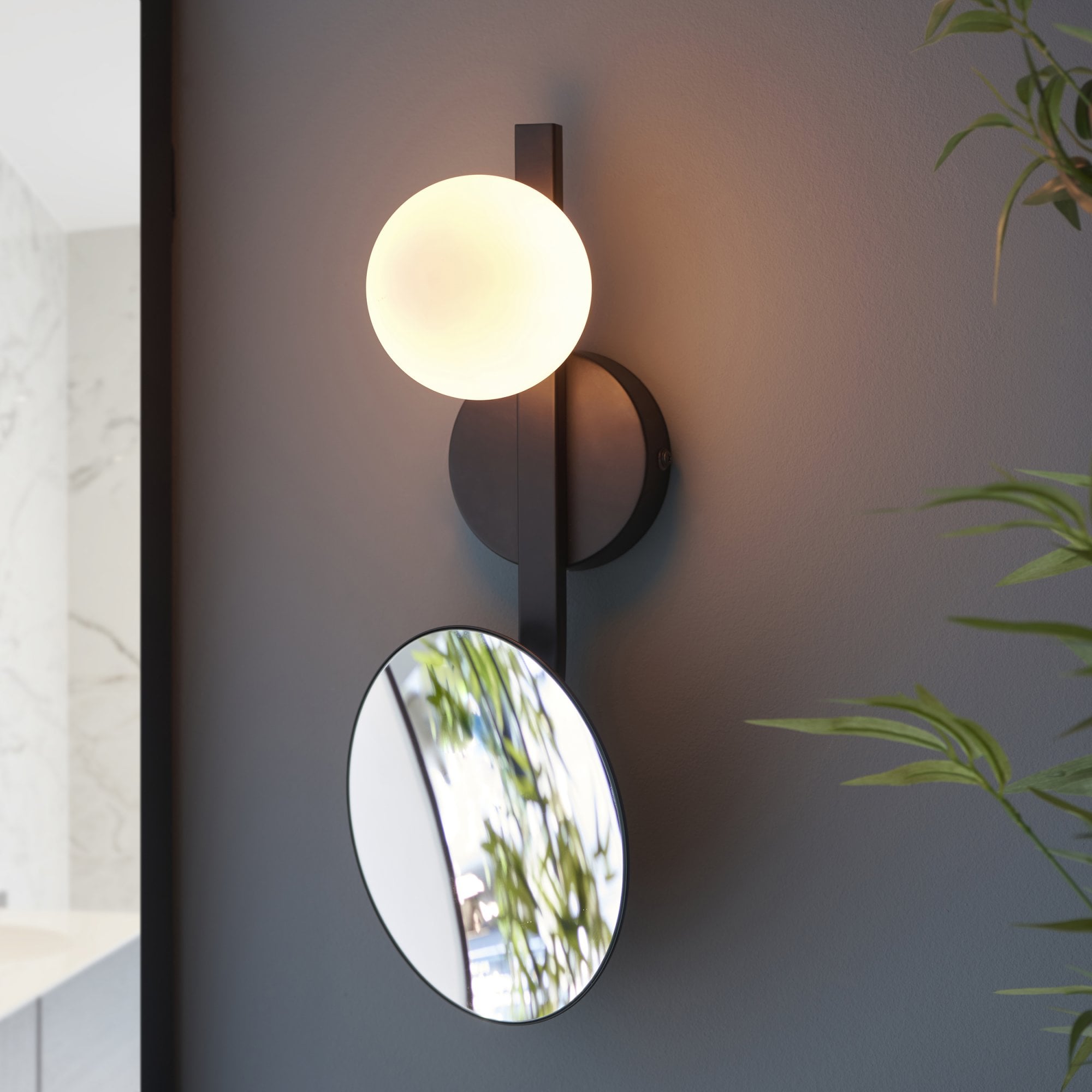 Endon Mini Moon & Mirror IP44 Wall Light - Black & Opal Glass