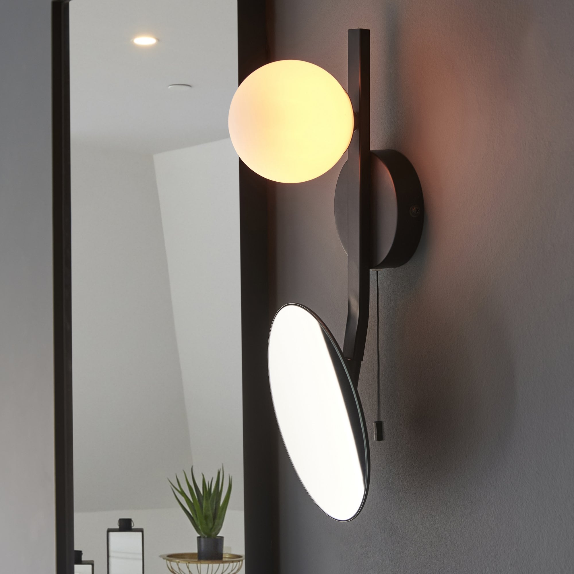 Endon Mini Moon & Mirror IP44 Wall Light - Black & Opal Glass