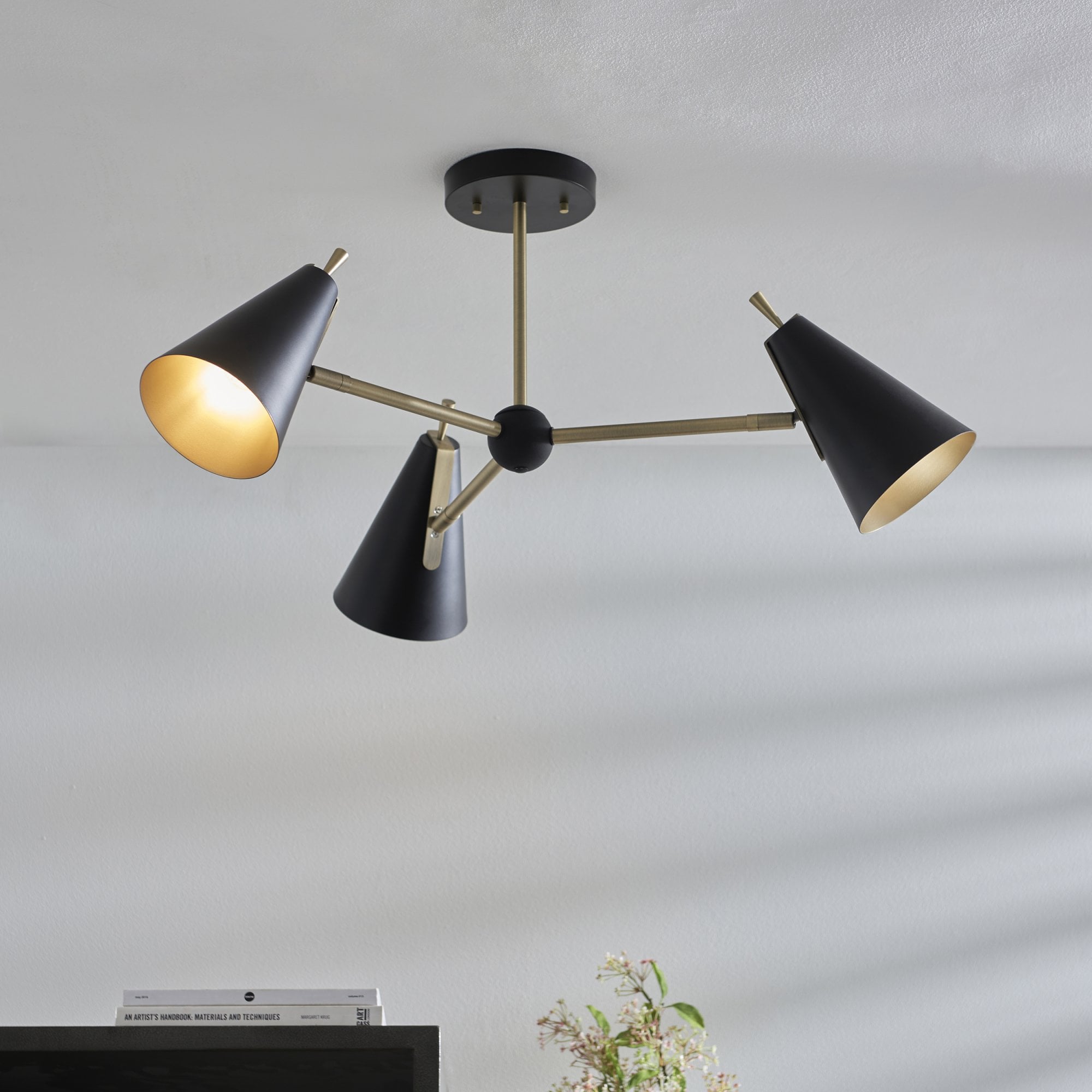 Endon Horn Mid Century 3 Light Semi Flush - Matt Antique Gold & Matt Black