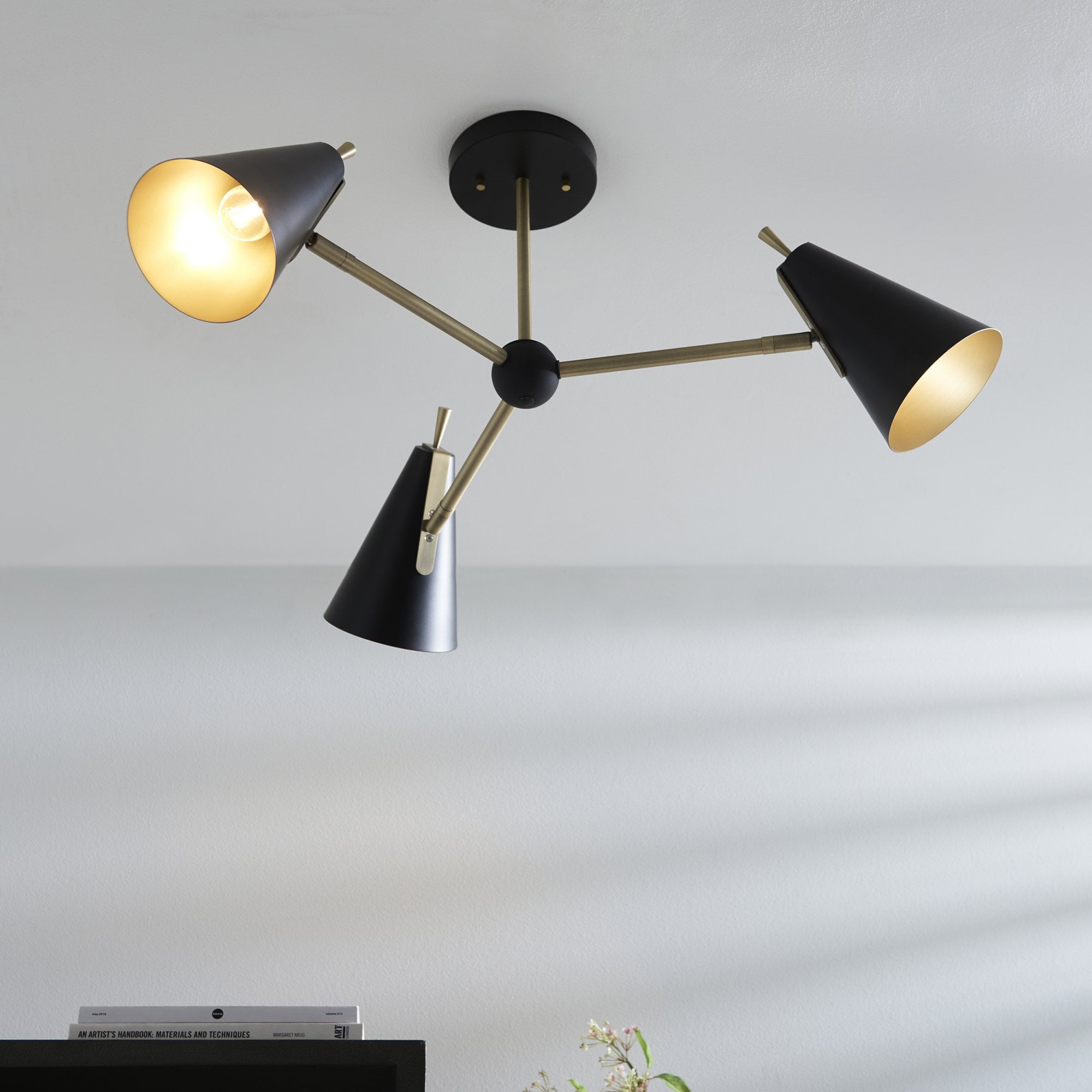 Endon Horn Mid Century 3 Light Semi Flush - Matt Antique Gold & Matt Black