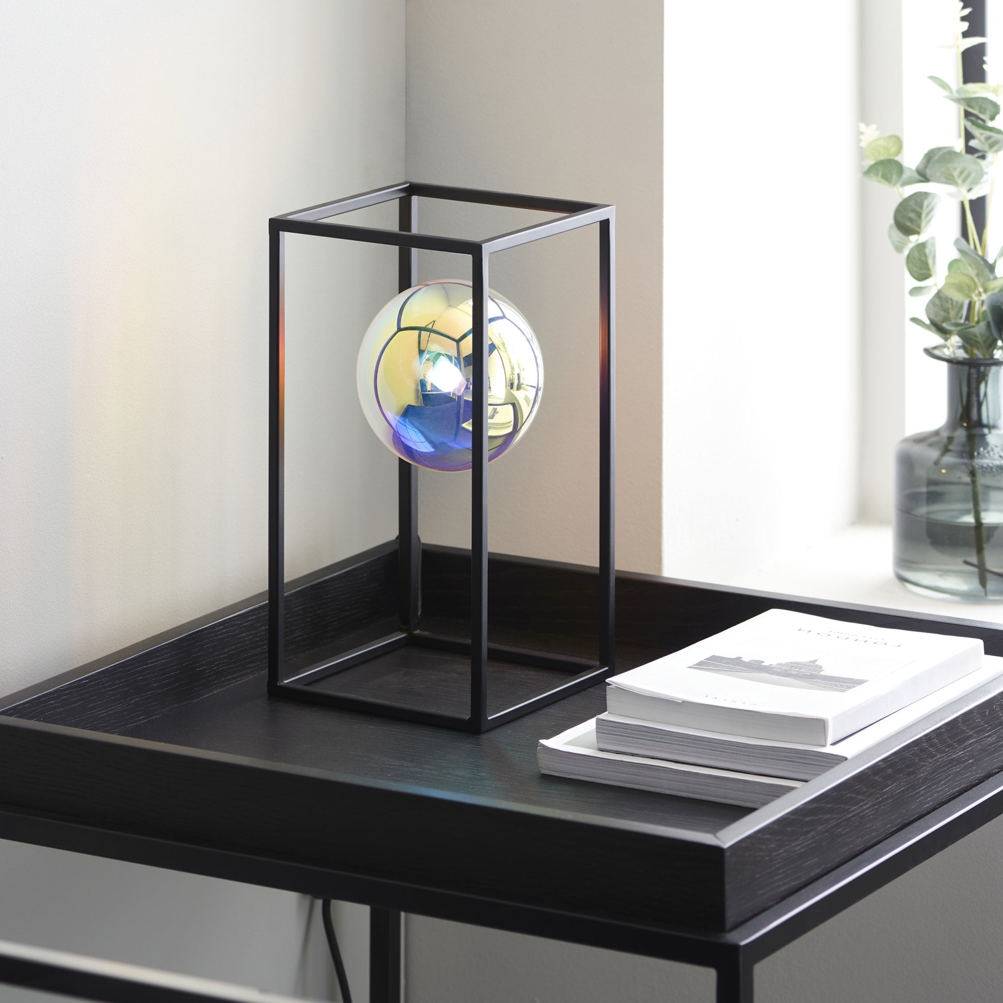 Endon Kinjo Open Frame Table Light - Matt Black & Iridescent Glass