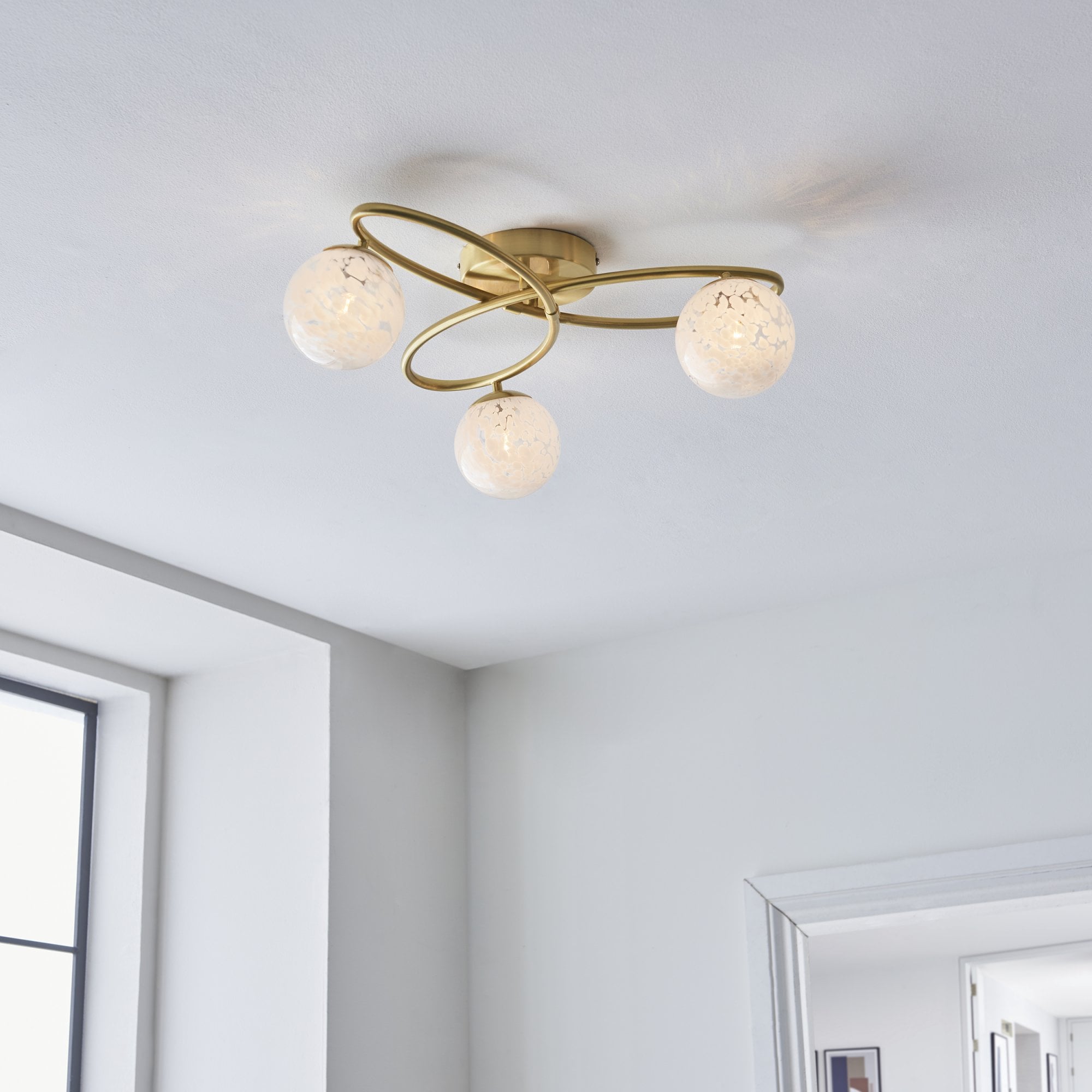 Endon Maye 3 Light Semi Flush - Satin Brass & Confetti Glass