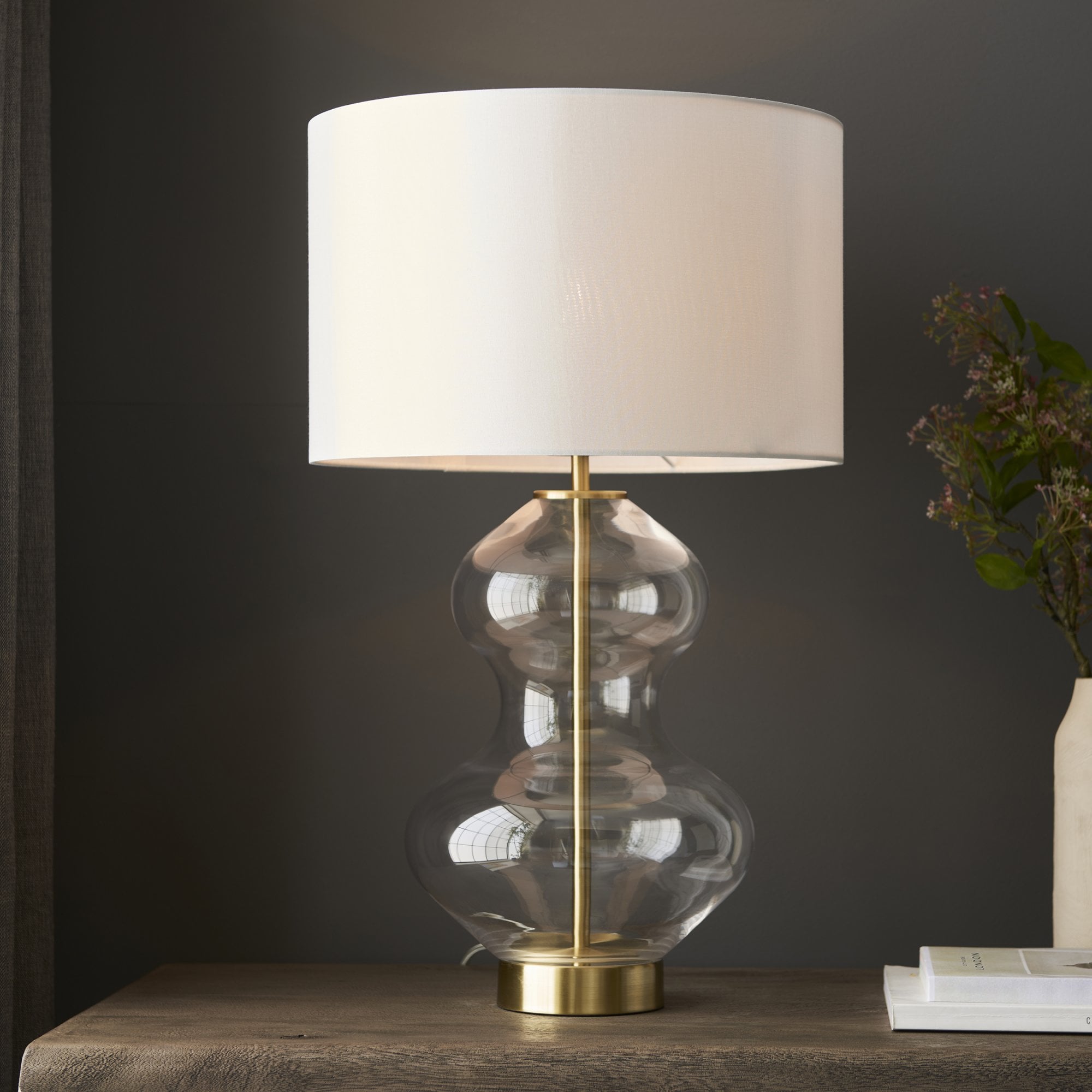 Endon Kelda Shaped Touch Table Lamp - Satin Brass & Vintage White Shade