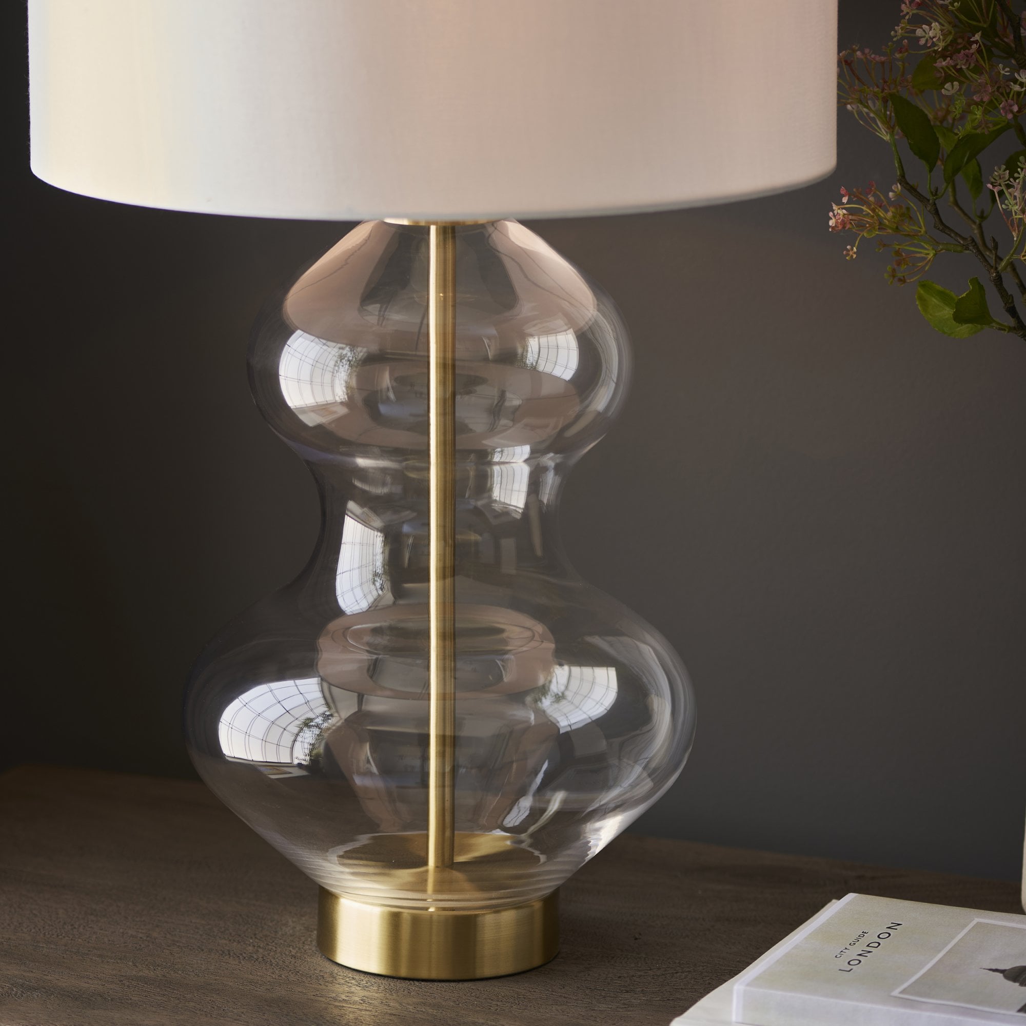 Endon Kelda Shaped Touch Table Lamp - Satin Brass & Vintage White Shade